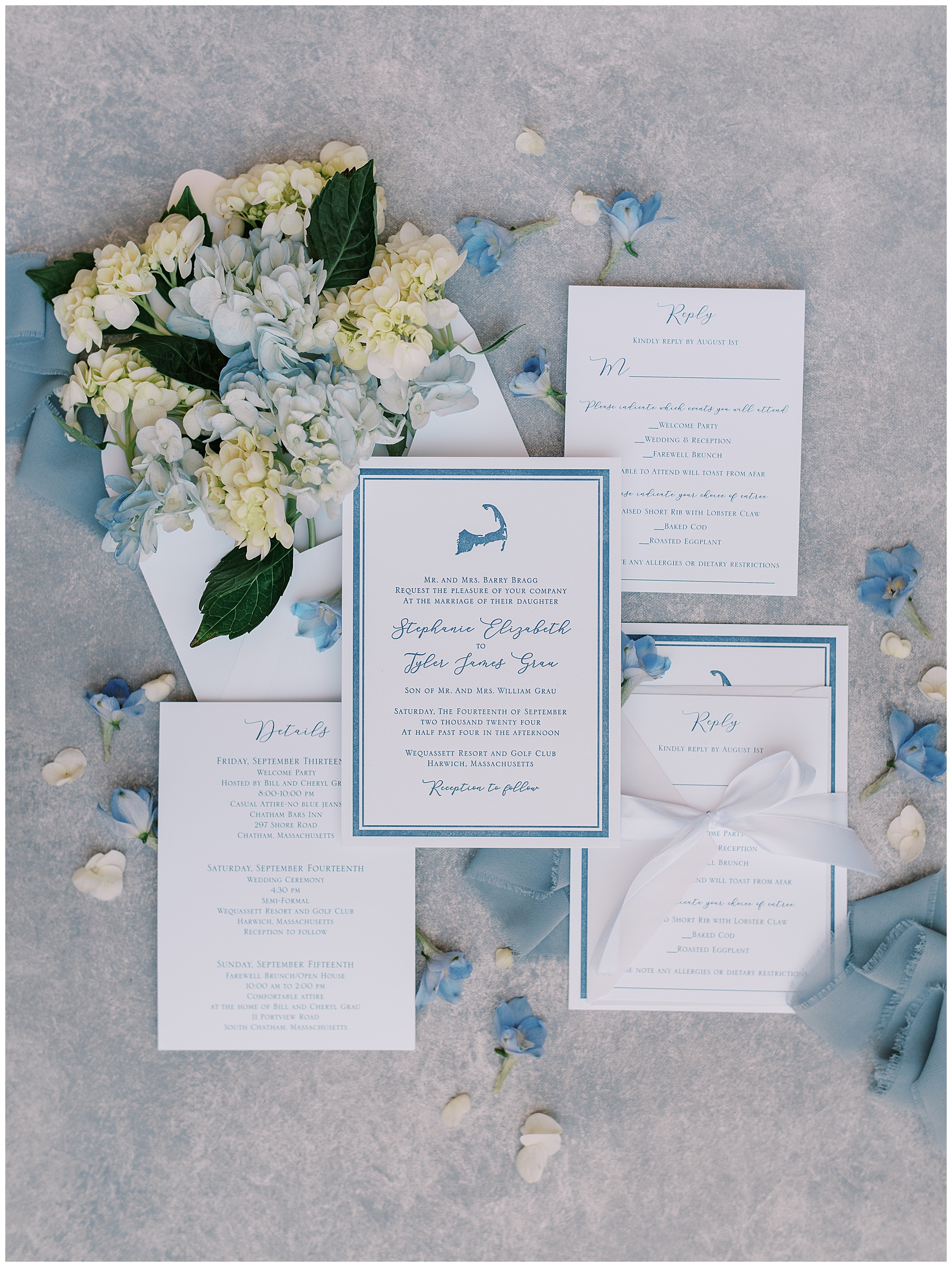 Cape Cod wedding invitation suite in hydrangea blue