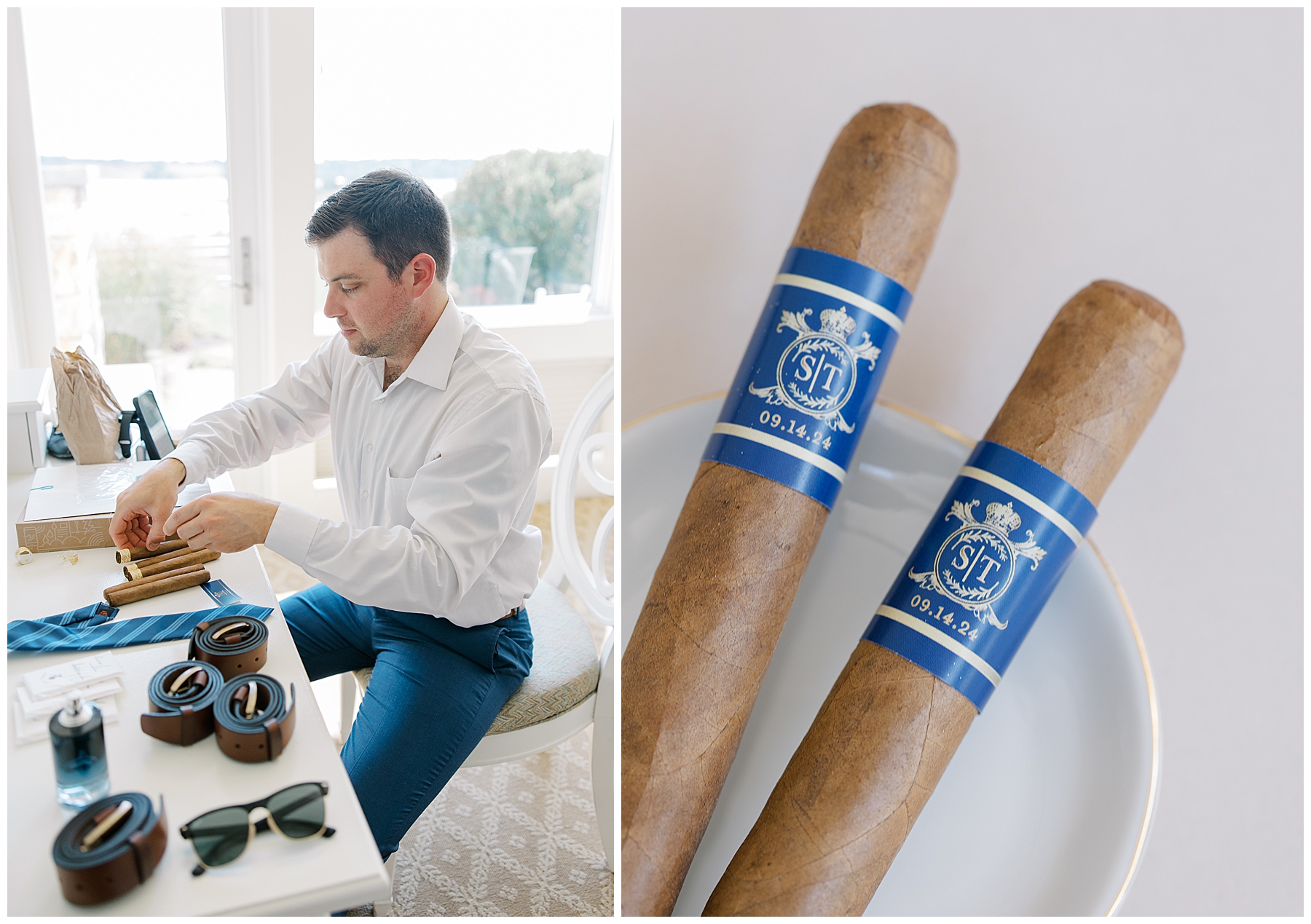 groom getting ready with personalized cigars