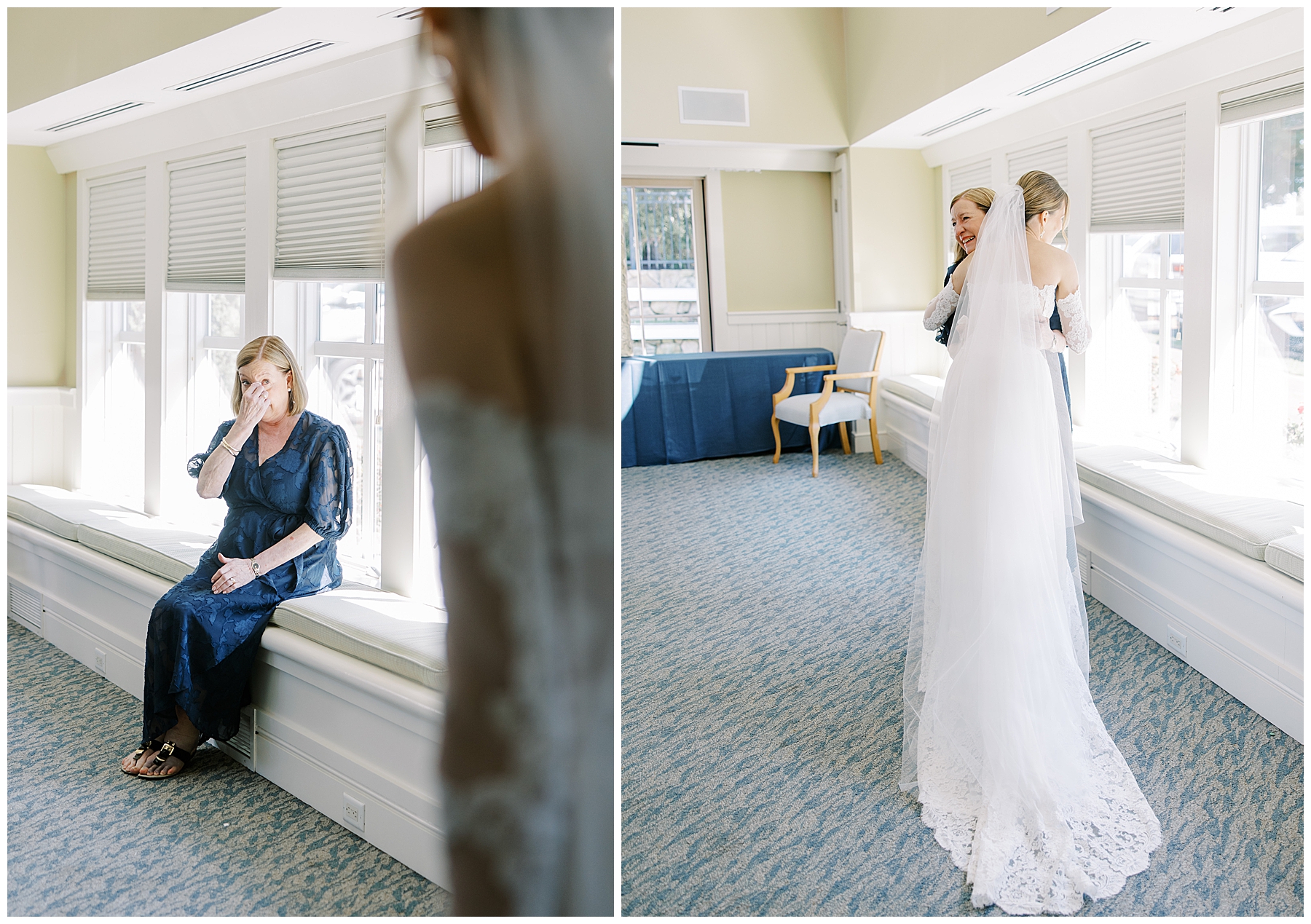 mother of bride sees daughter for first time in wedding dress