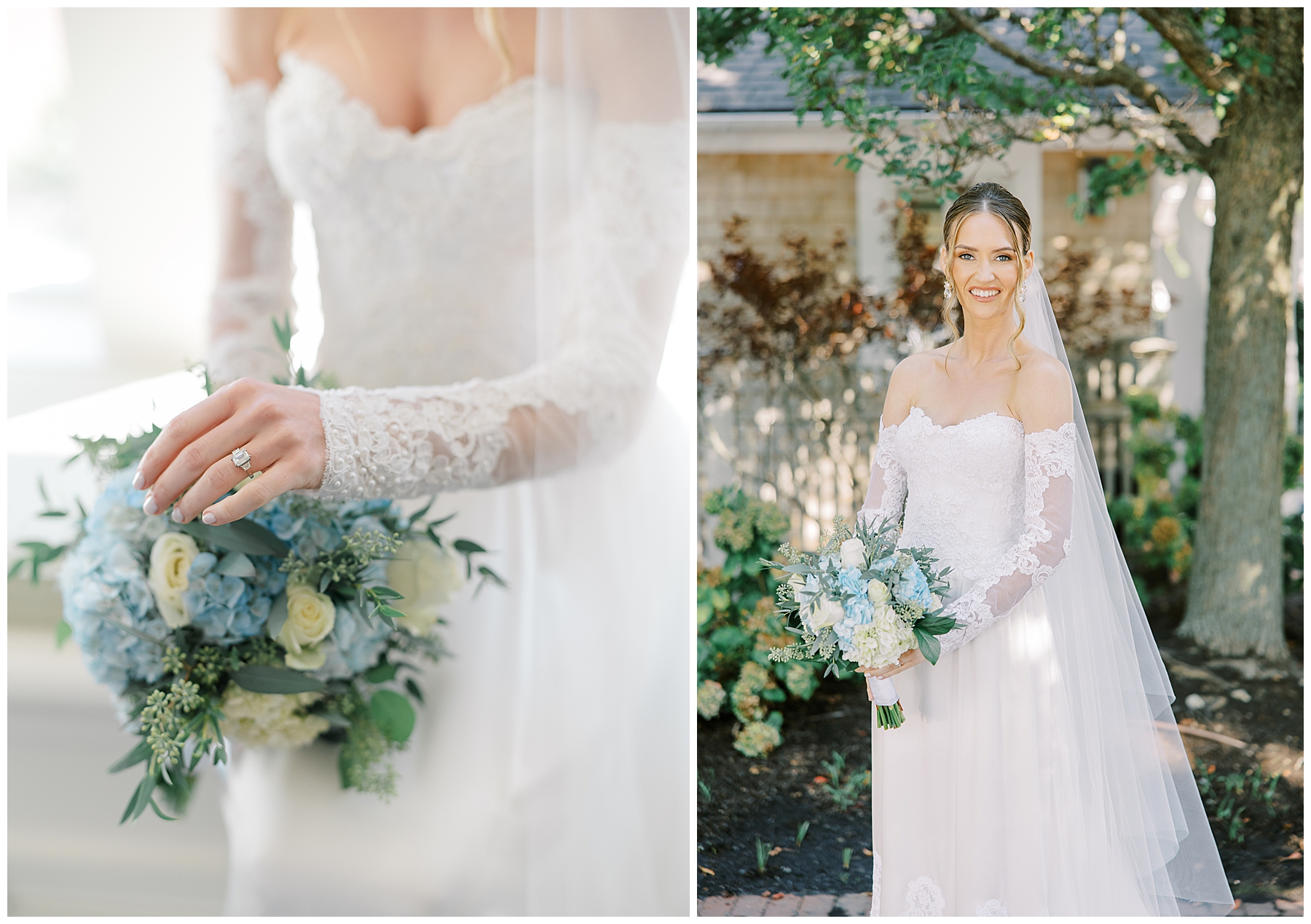 bridal portraits outside holding white and blue bouquet