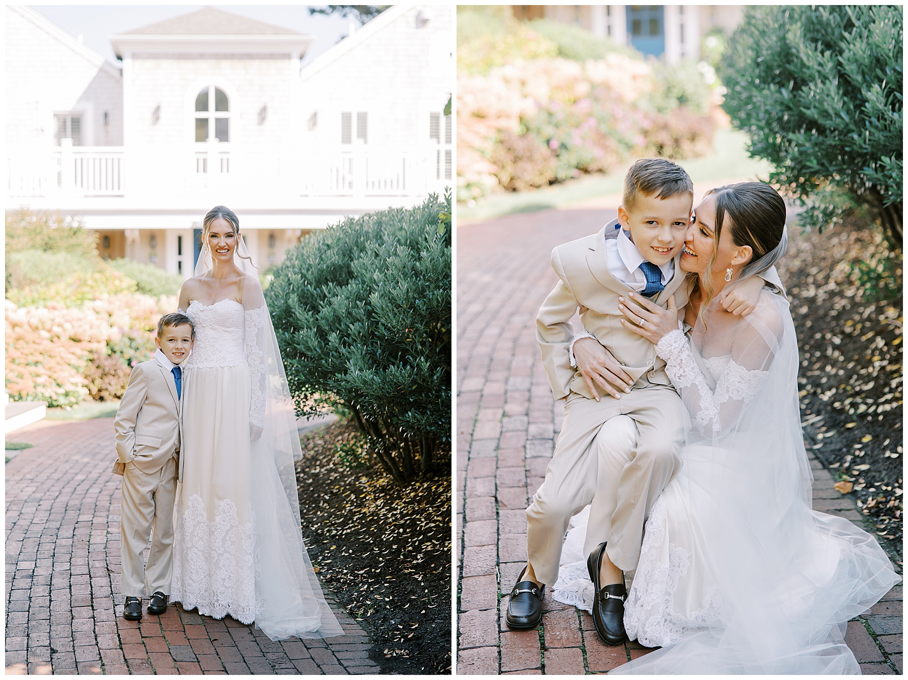 bride in wedding dress stands with her son