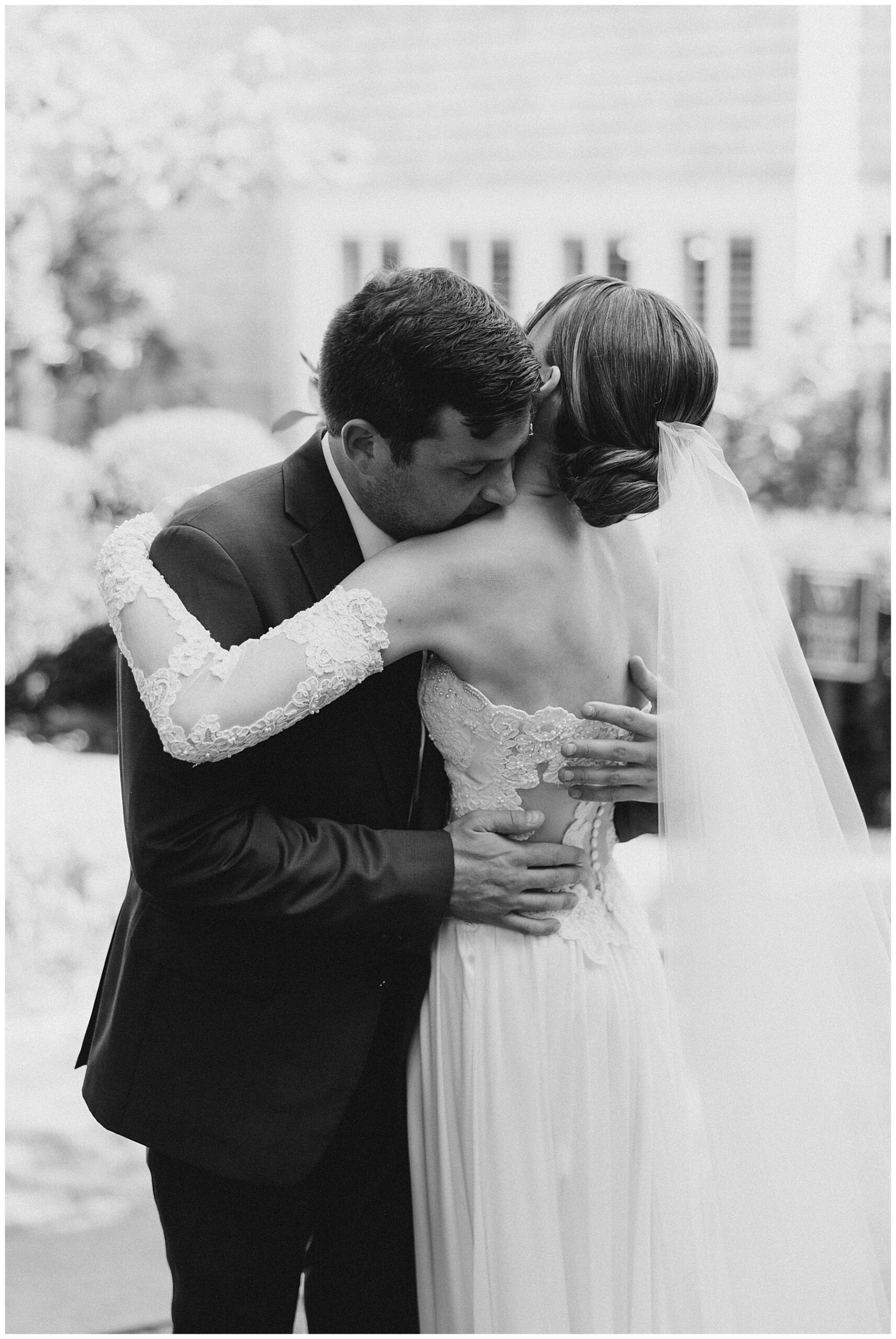 Timeless black and white wedding photos from first look