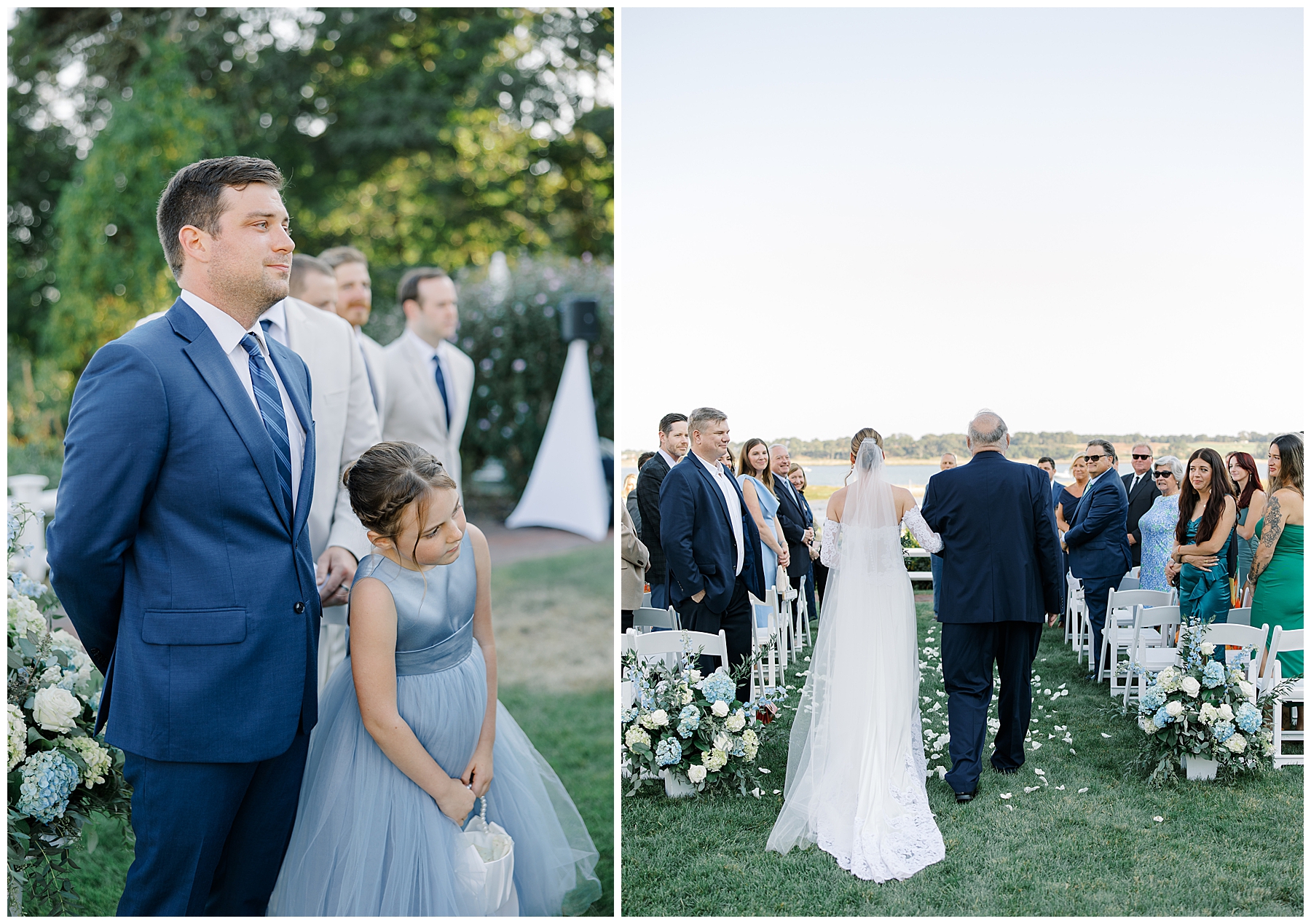 groom watches as bride walks down the aisle