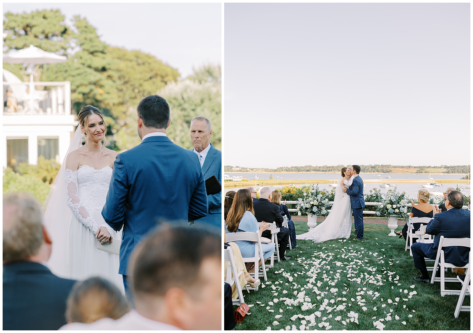 bride and groom look at each other during waterfront wedding ceremony in Cape Cod
