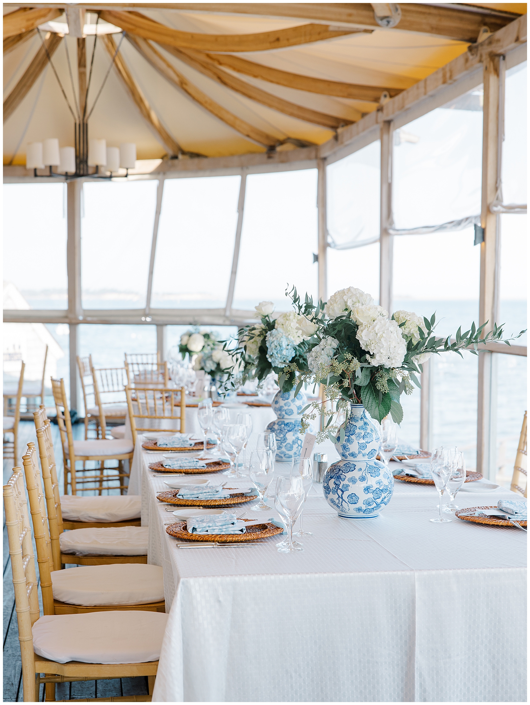 white and blue hydrangeas in blue patterned vases