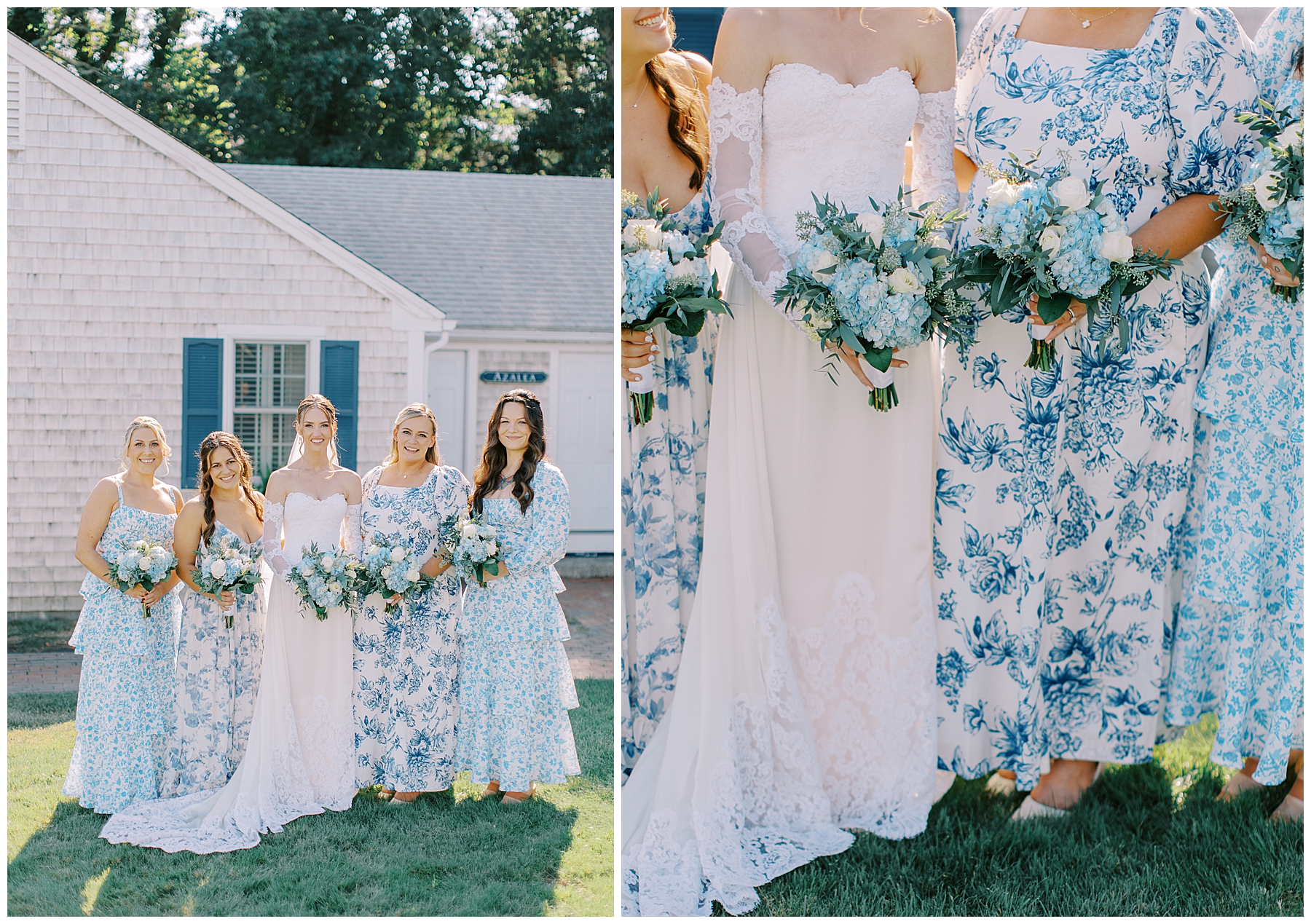 bride and bridesmaids in blue patterned bridesmaids dresses