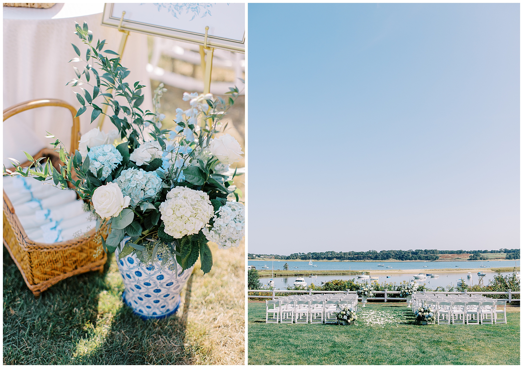 white and blue hydrangeas decorate outdoor lawn for wedding ceremony