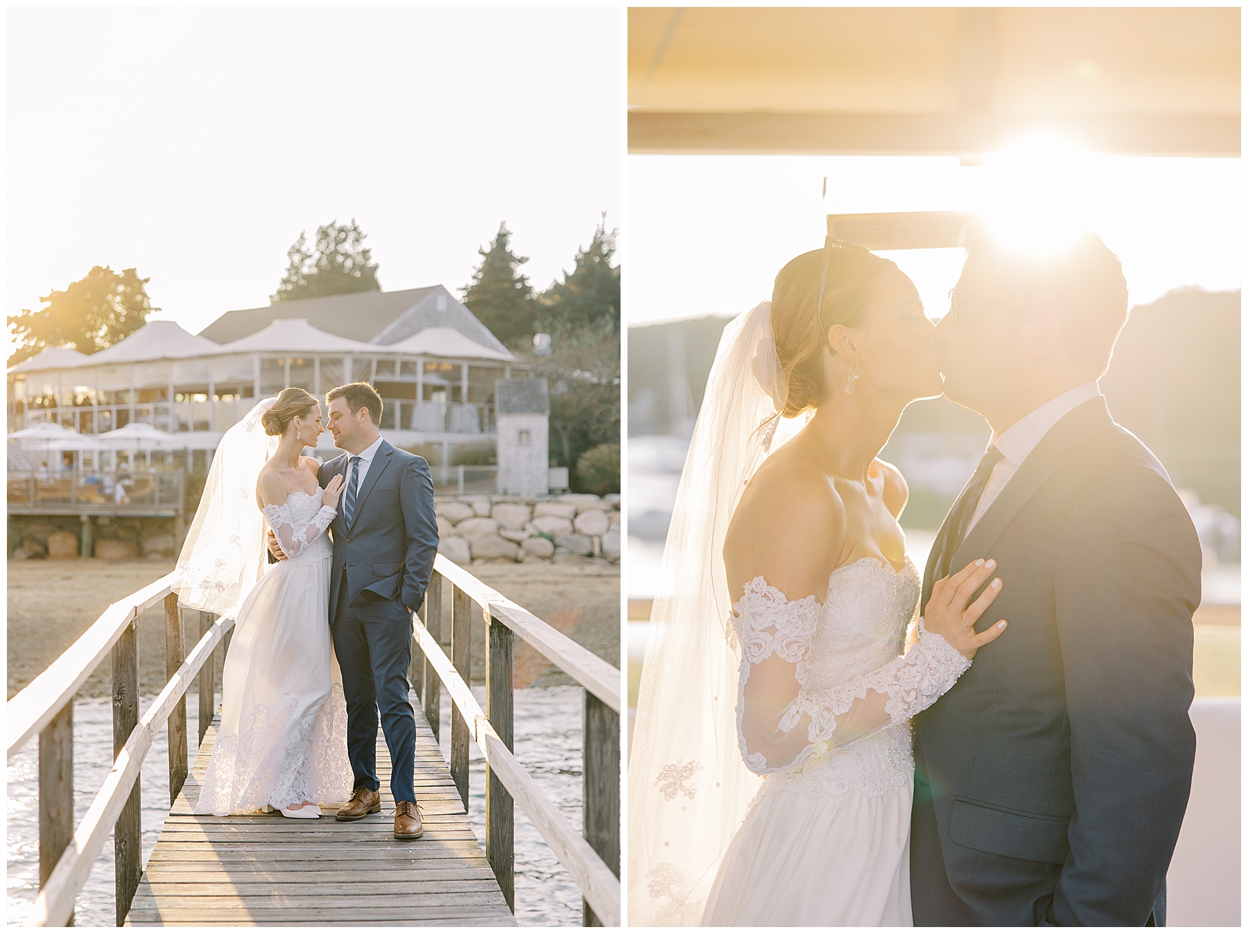 Newlyweds kiss with golden sun surrounding them