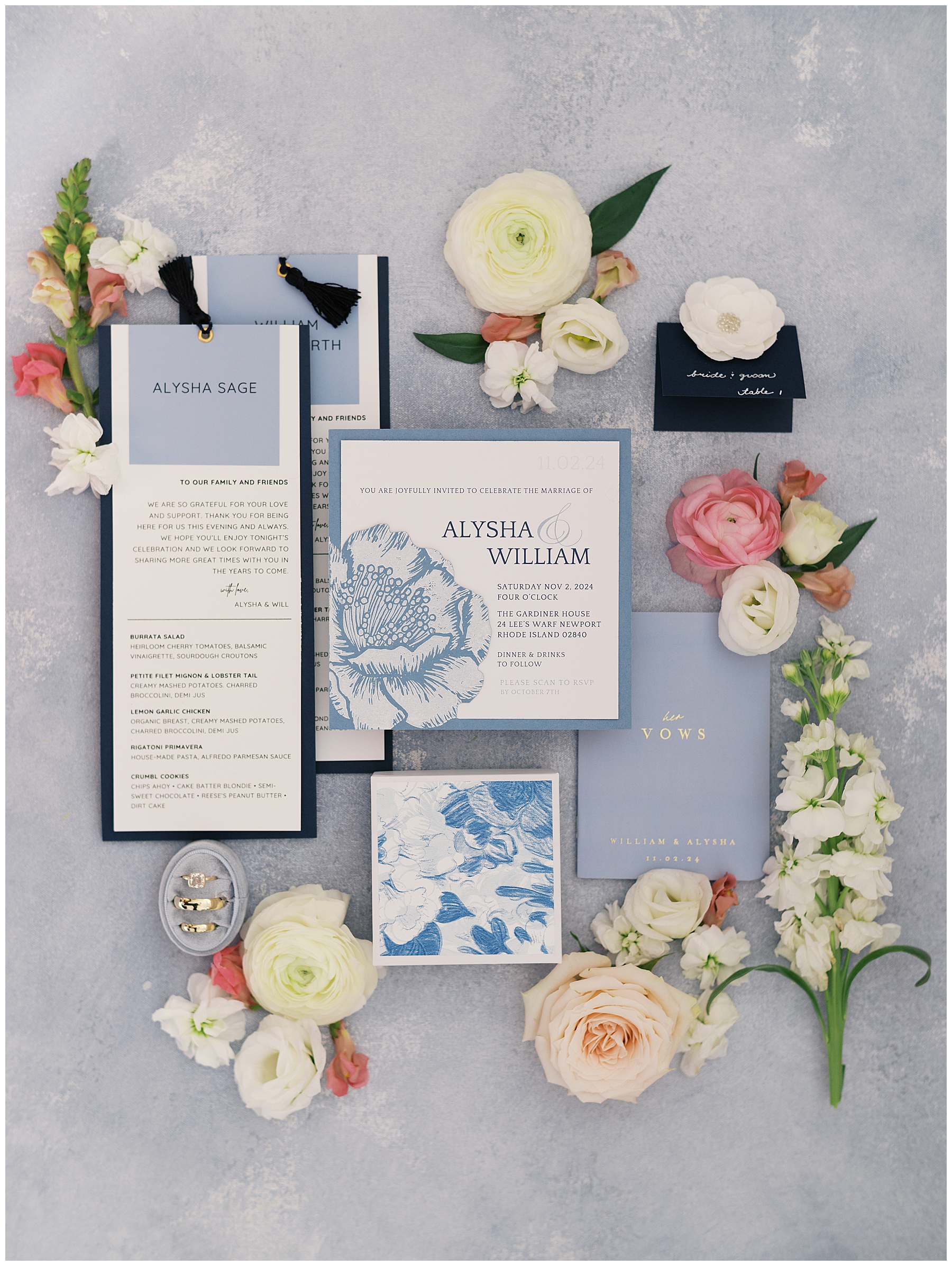 Wedding invitation and flay lay display from Gardiner House wedding in Newport, RI