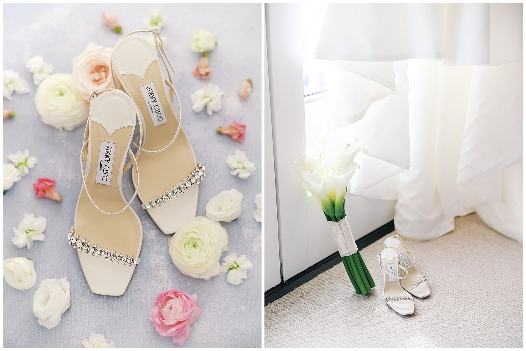 bride's wedding shoes and dress