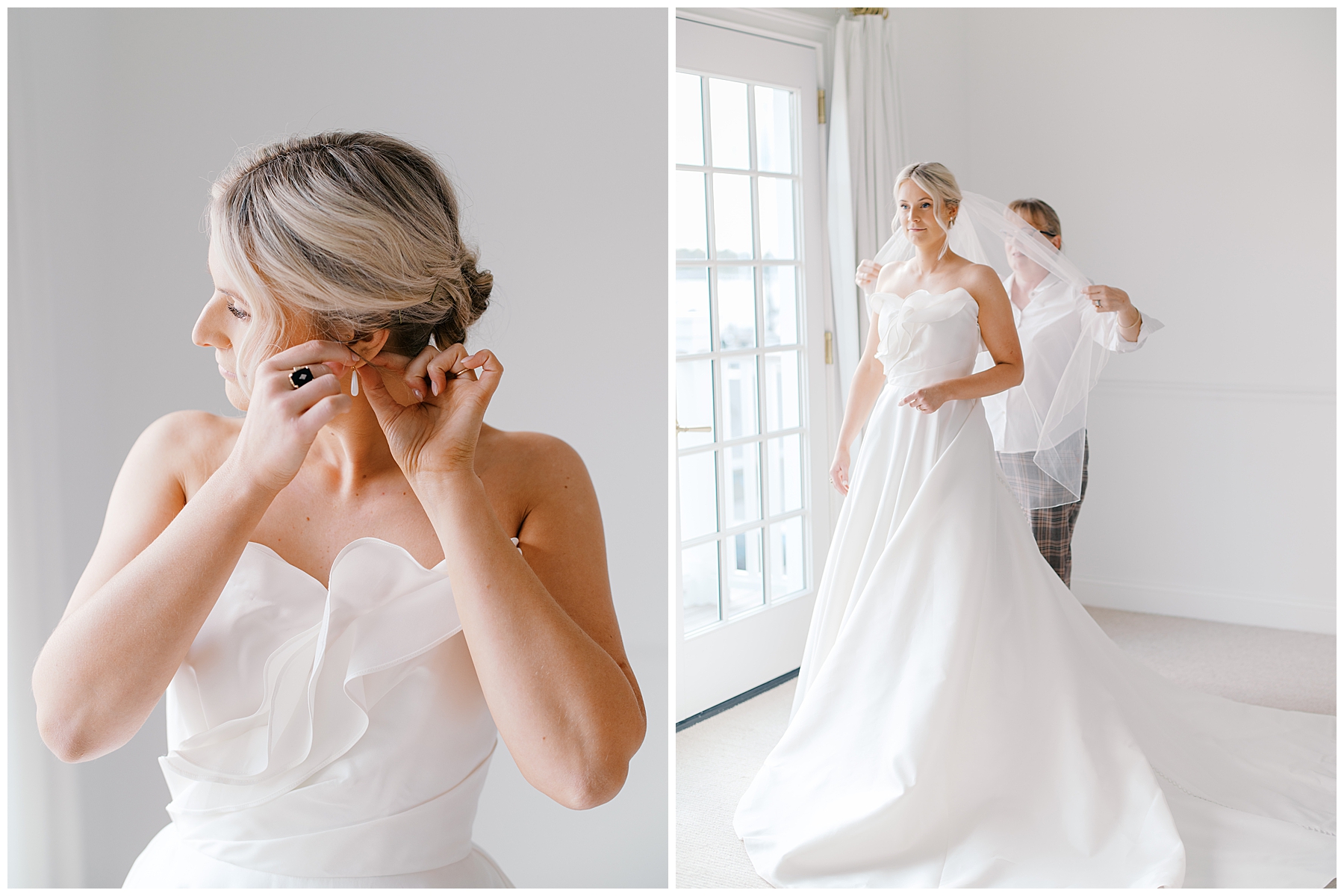 bride putting earrings in and veil on