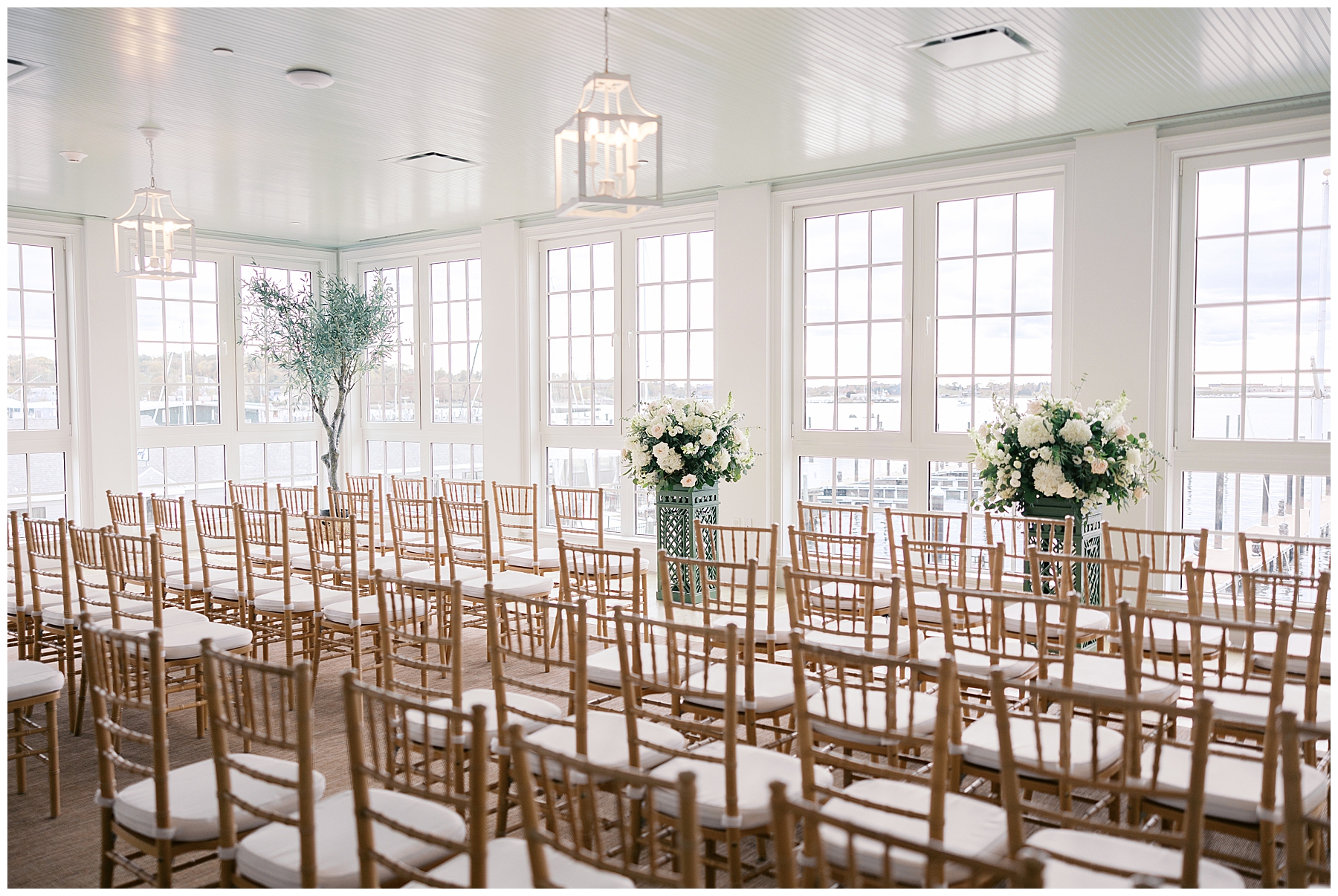 natural light filled wedding ceremony in the Sun room of Gardiner House in Newport, RI