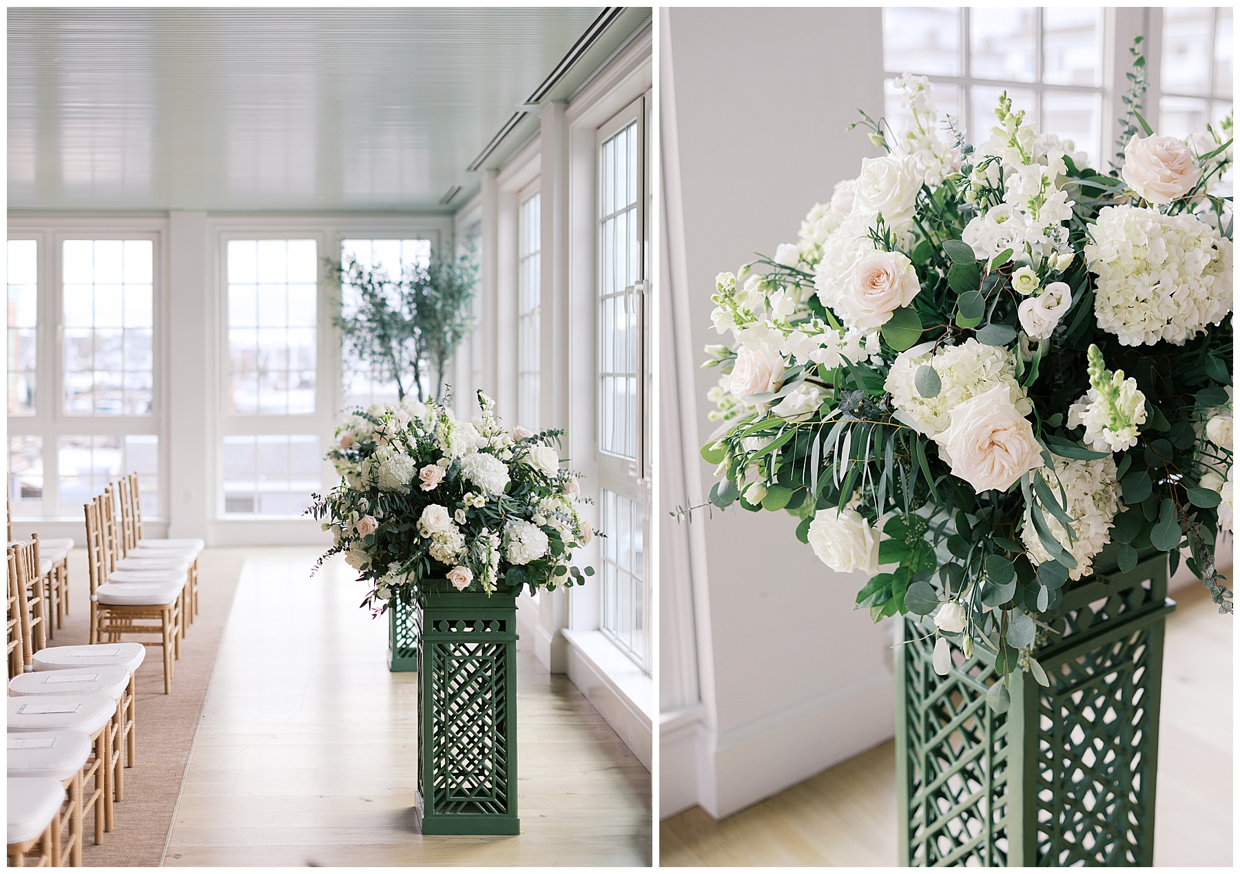 wedding flower arrangements at wedding ceremony