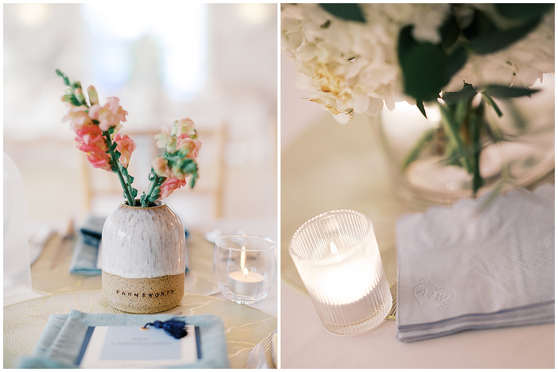 napkins with couple's initials and handmade, personalized vases with guest names