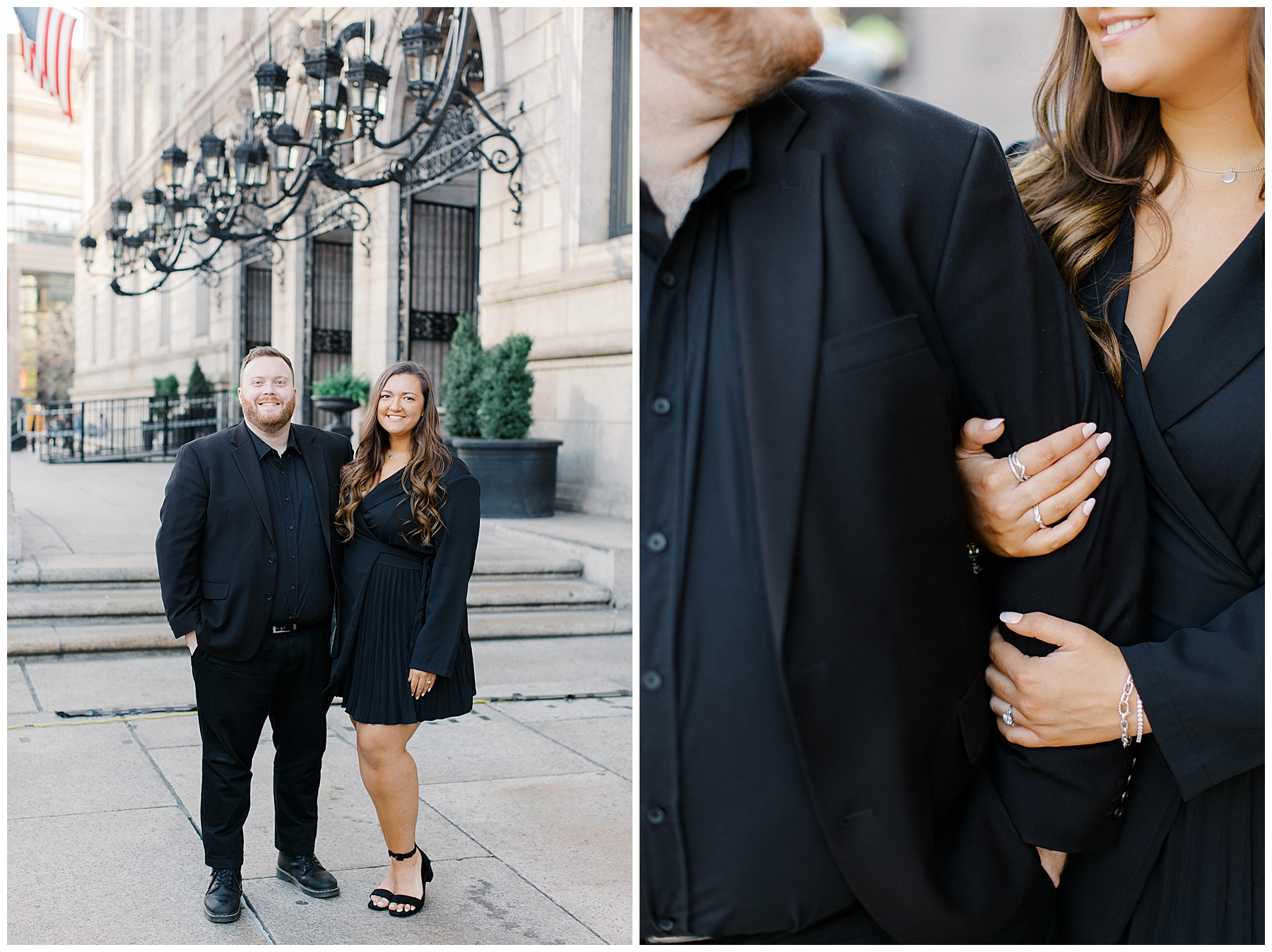 engaged couple in chic black outfits outside of the Boston Public Library 