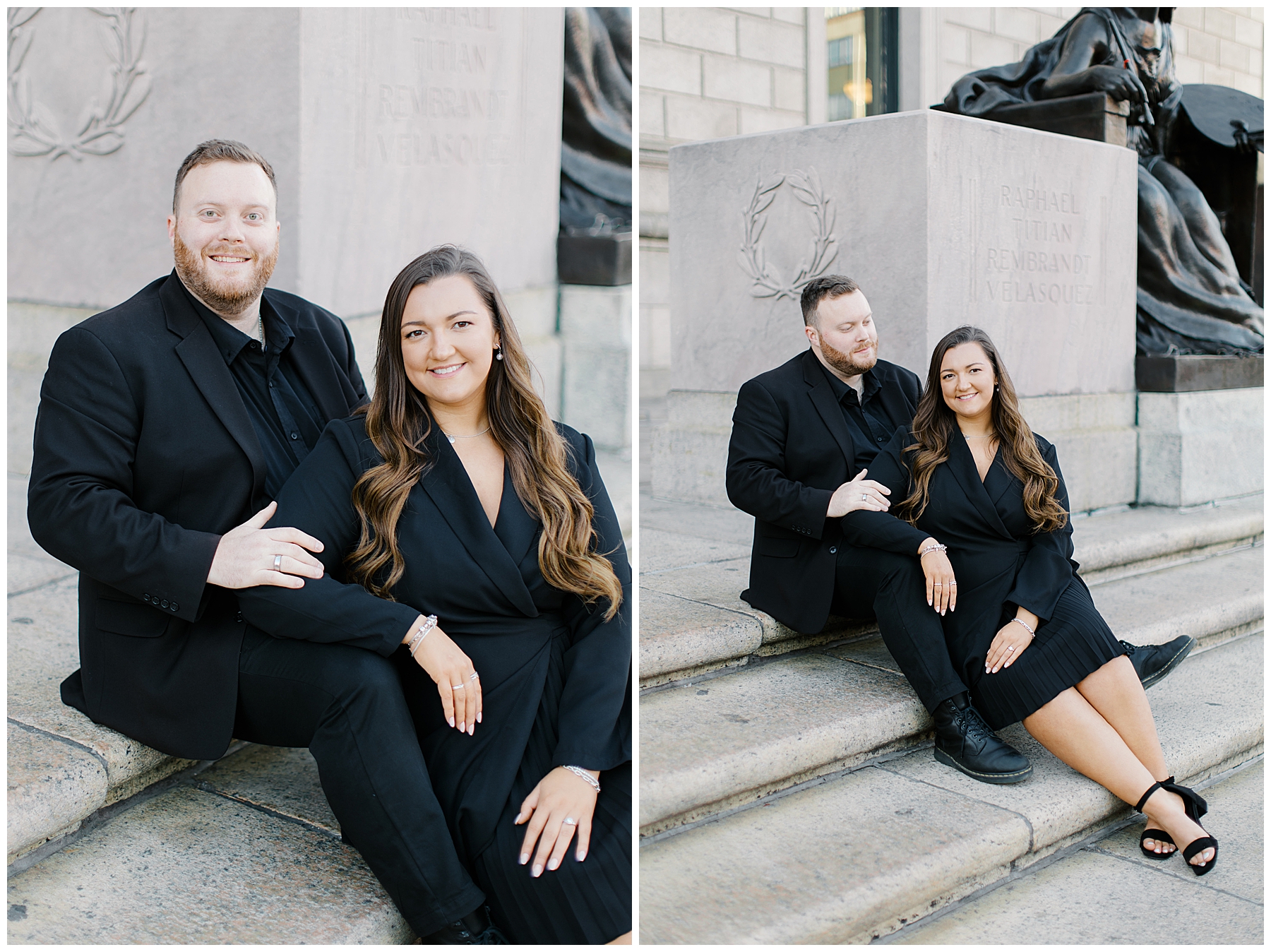 couple sit on steps of BPL in downtown Boston