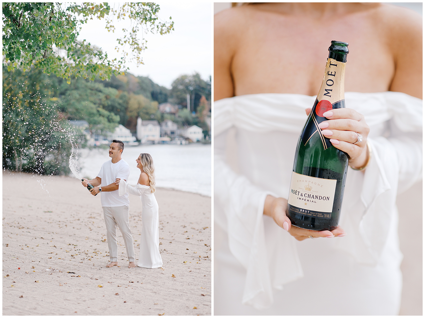 engaged couple celebrate with champagne