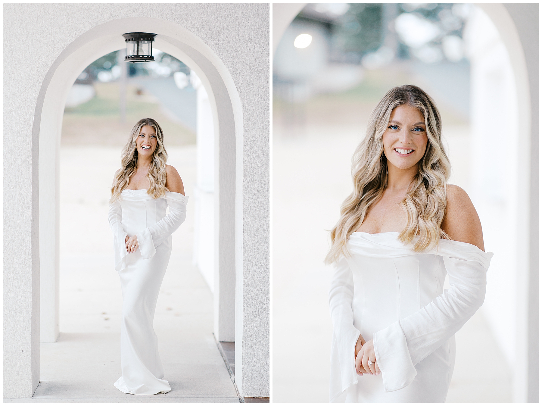 stylish woman in elegant off shoulder white dress for engagement session