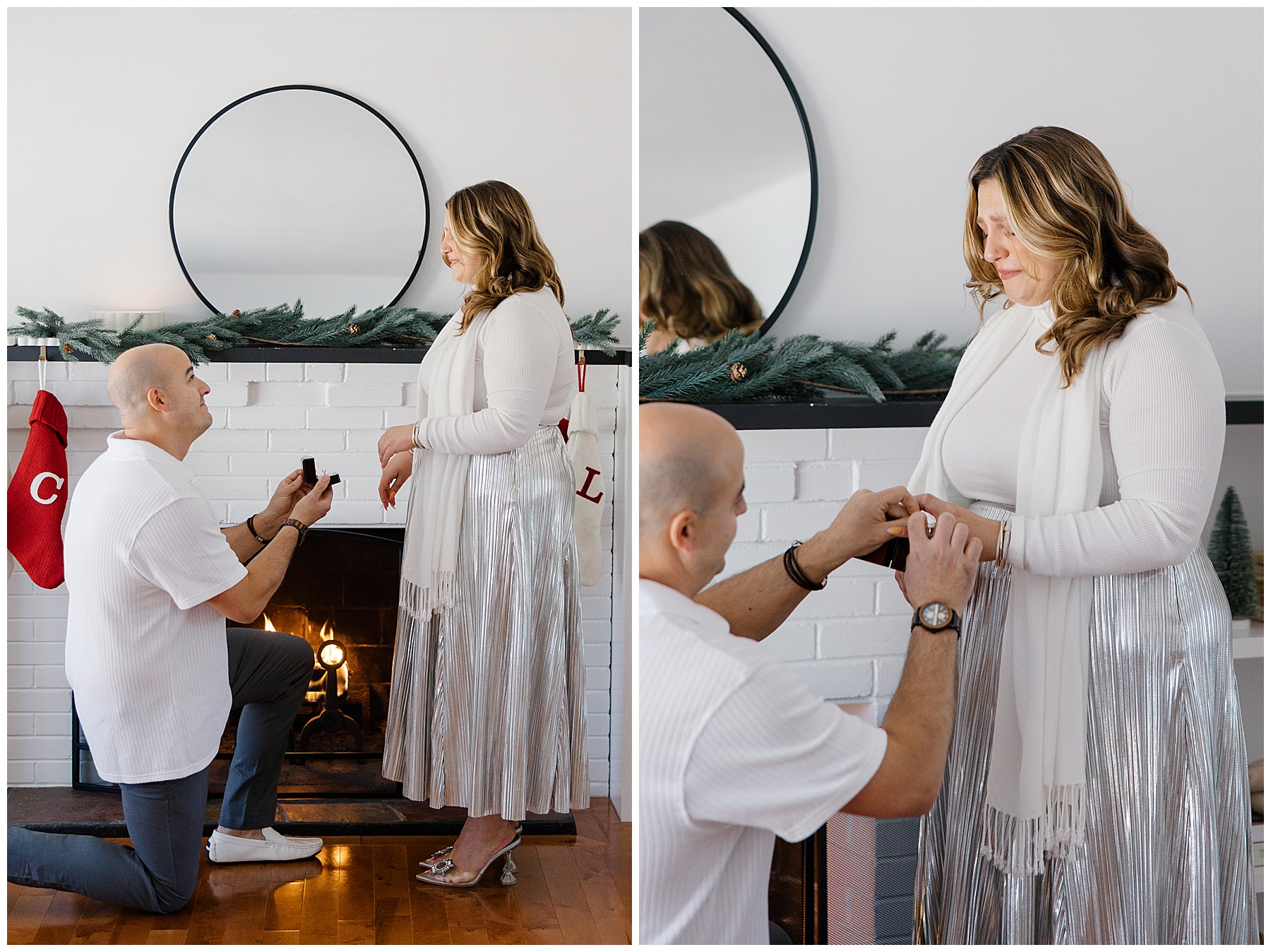 guy proposes to girlfriend in their home decorated for Christmas