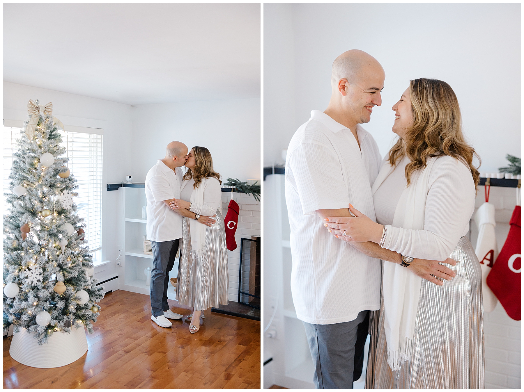 couple portraits in home decorated for Christmas