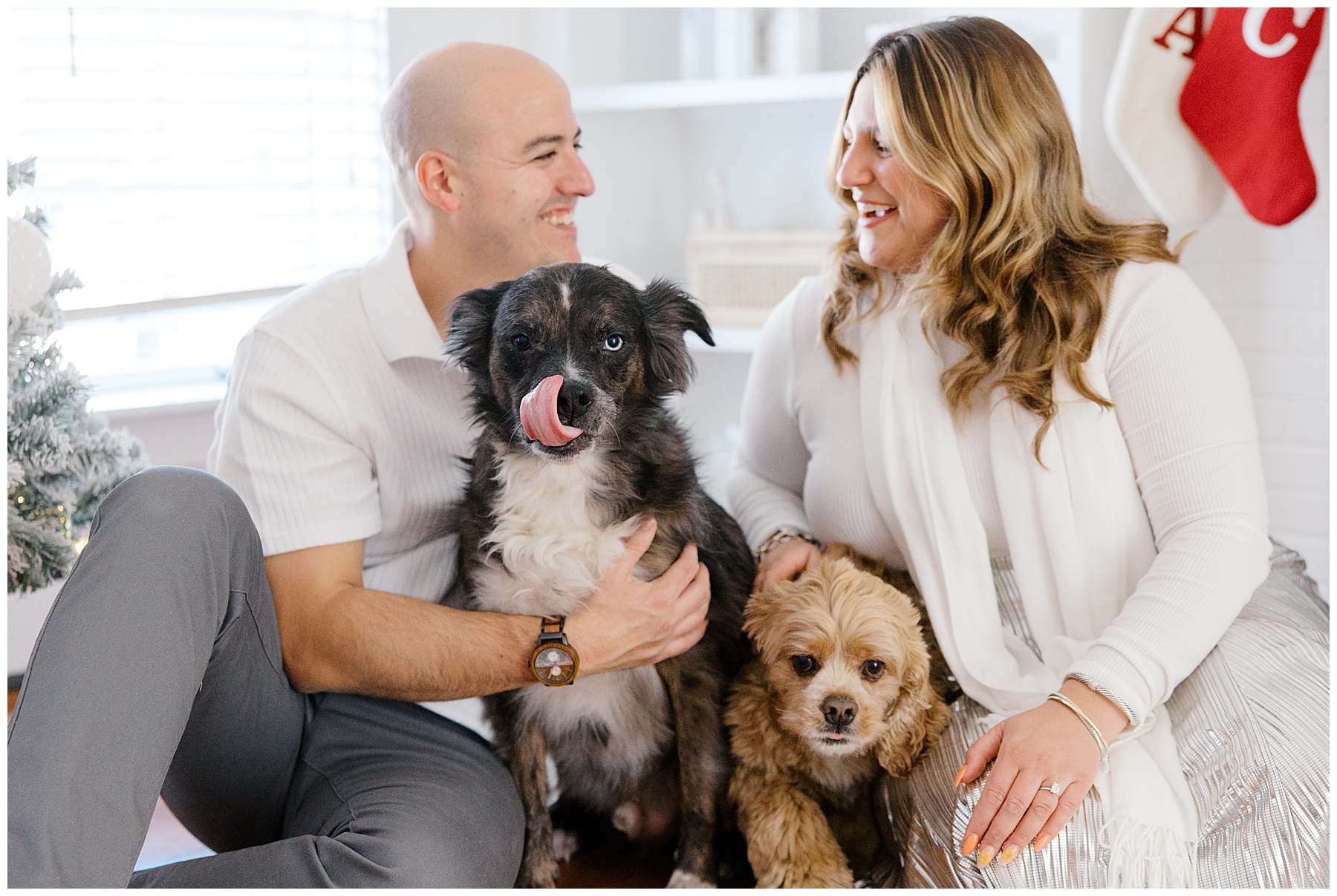 couple sit on floor with their dogs