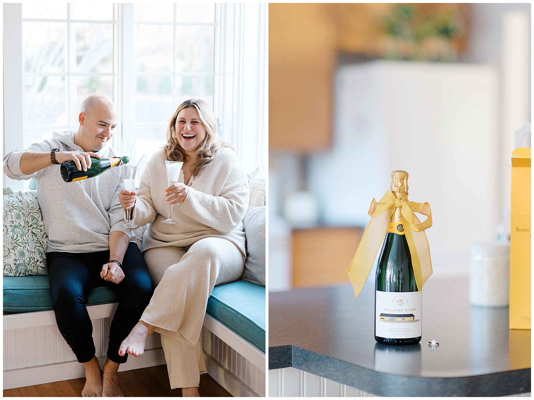 couple open champagne to toast their new home and engagement 