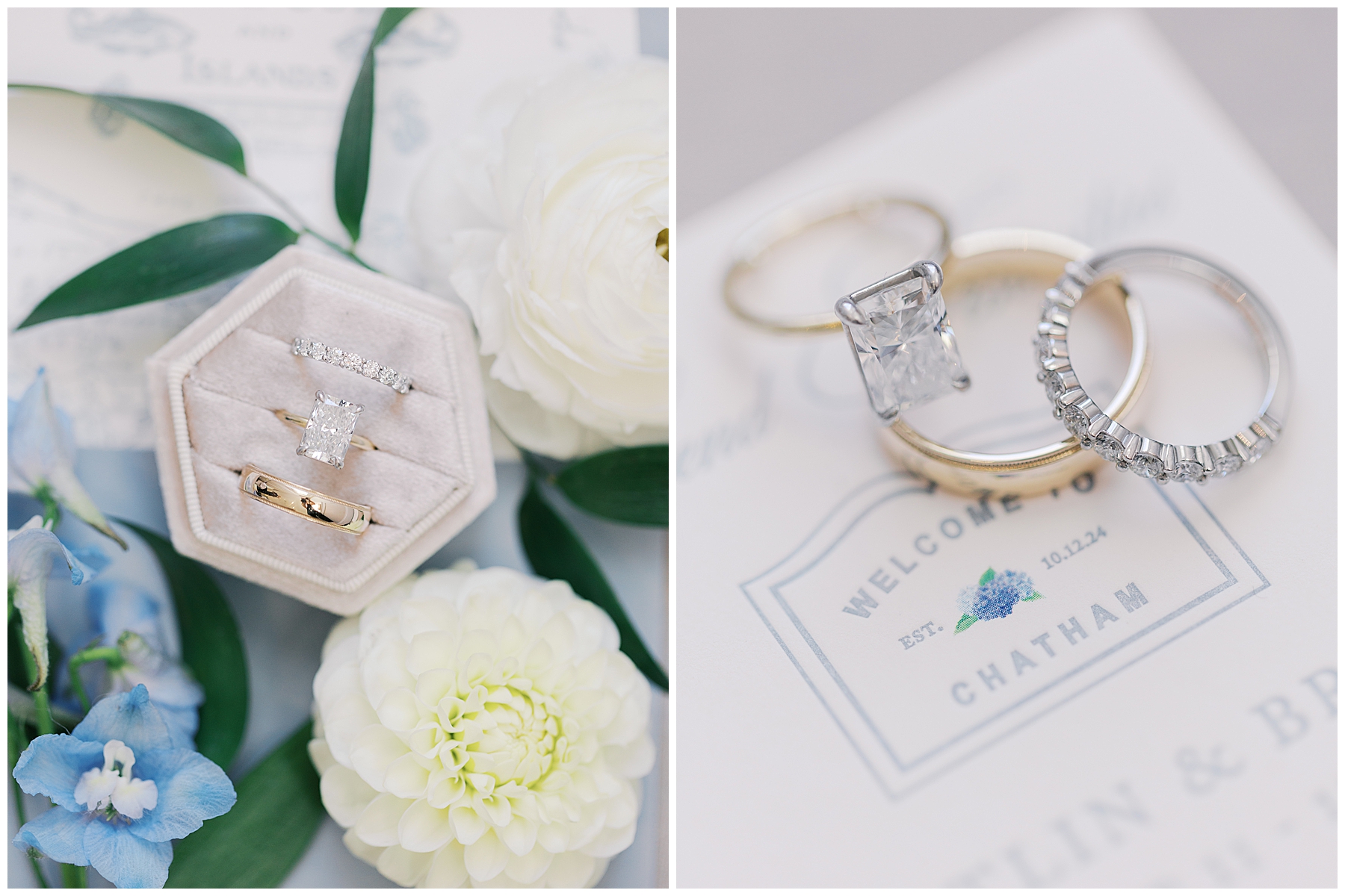 wedding rings on invitations and in ring box