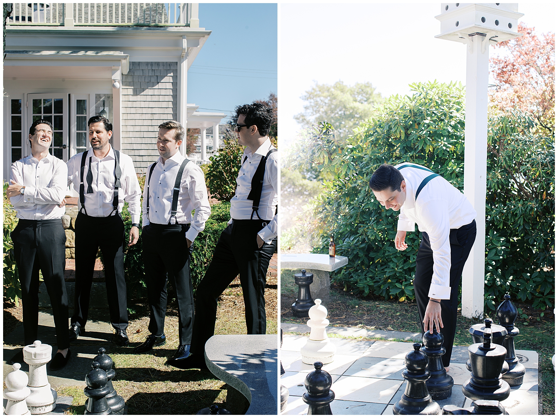 groom and groomsmen playing a life-size game of chess while getting ready 