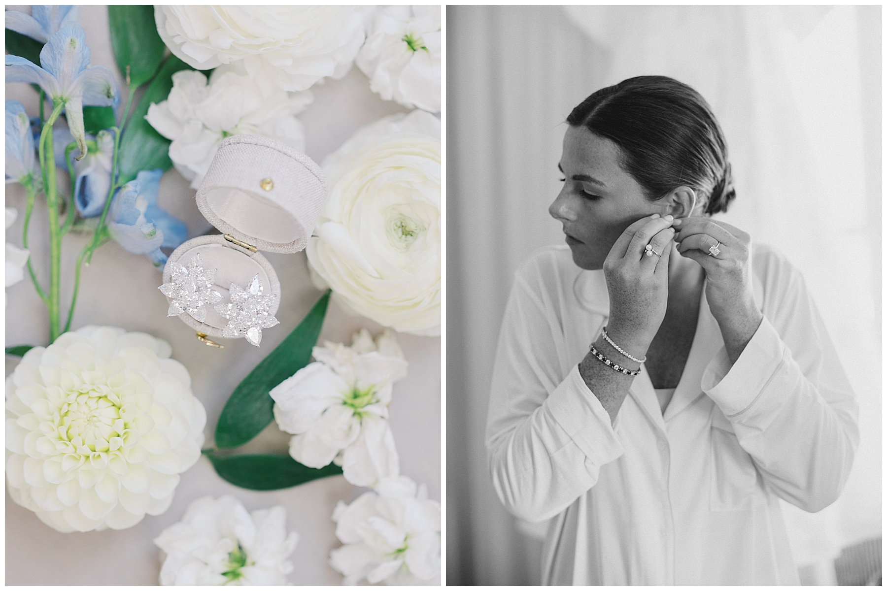 Bride putting earrings in 