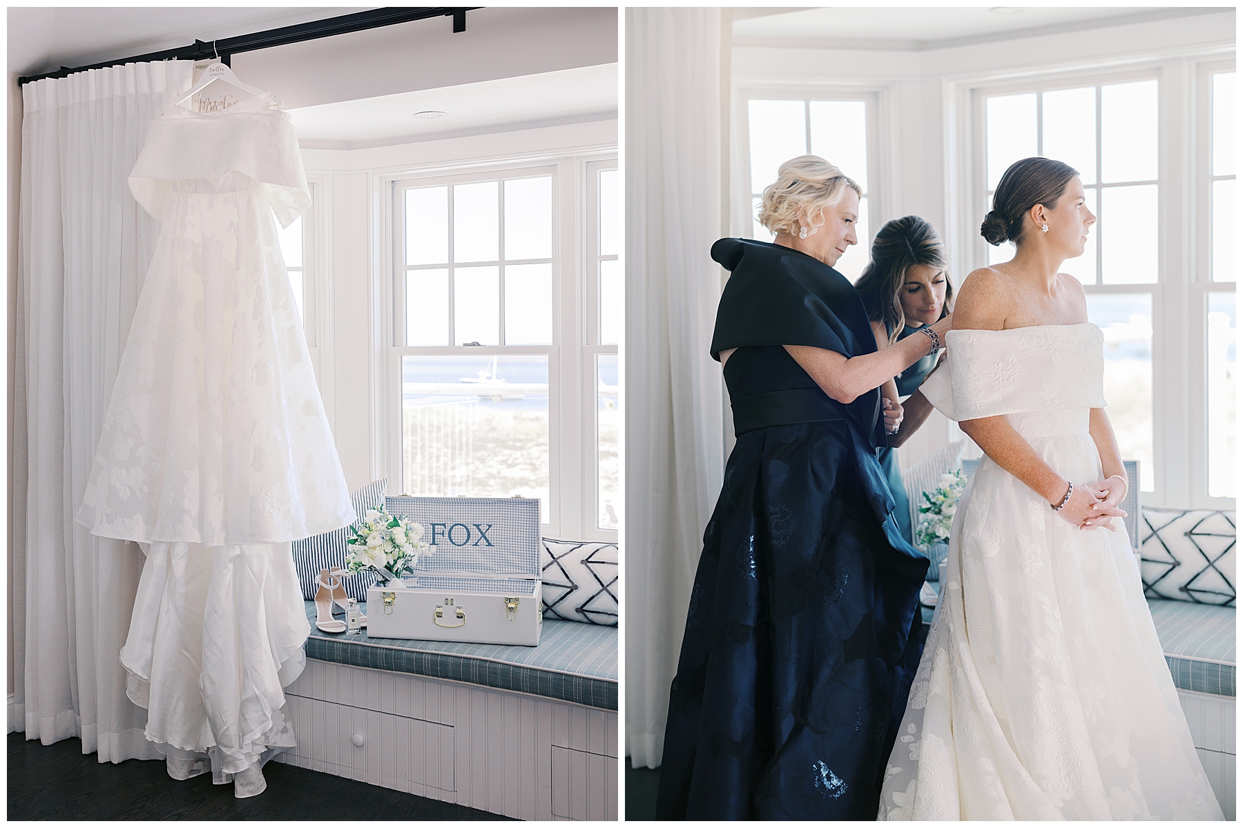 bride getting into wedding dress