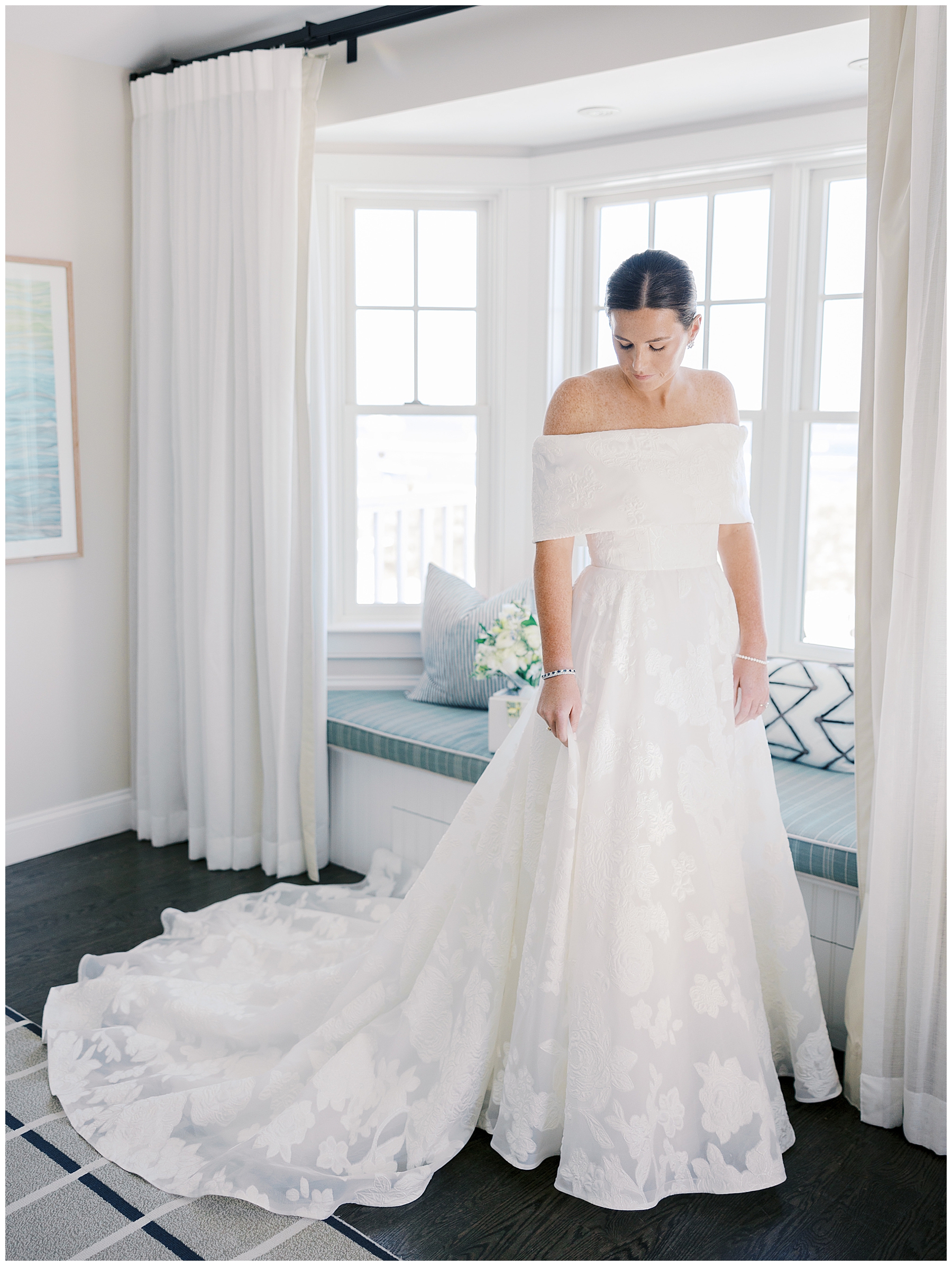 bride in stunning offshoulder wedding gown