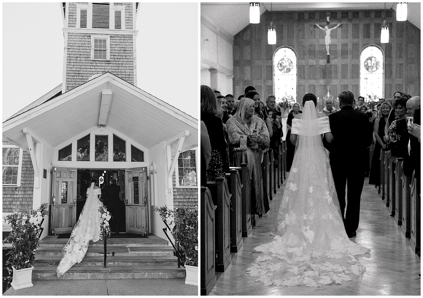 bride walks down the aisle at wedding ceremony with father 