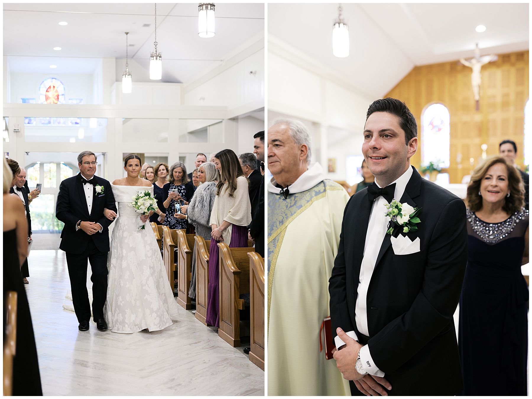groom watches bride walk down the aisle 
