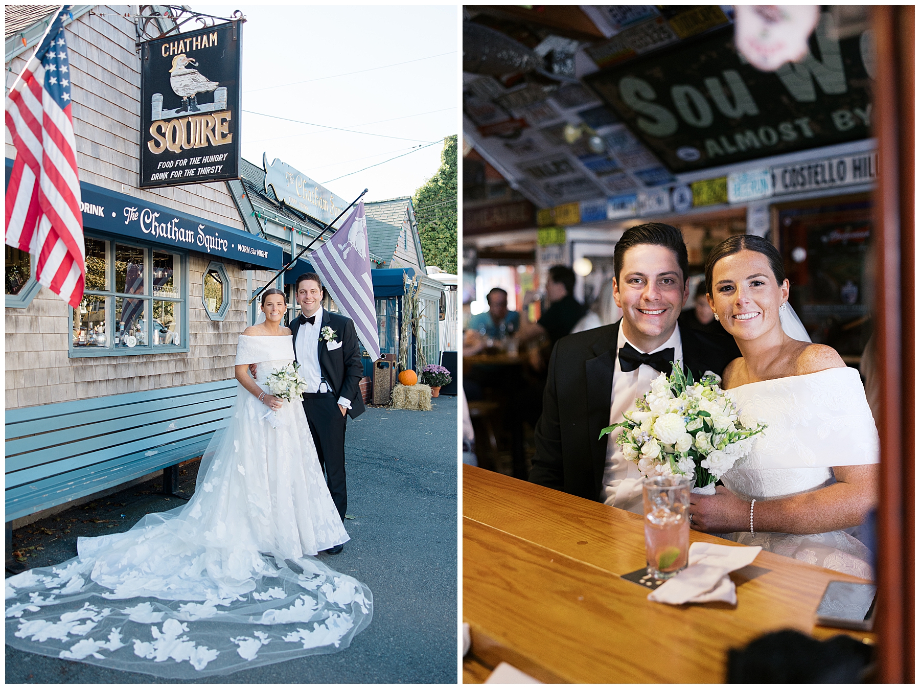Newlywed portraits at their favorite Cape Cod bar, The Squire