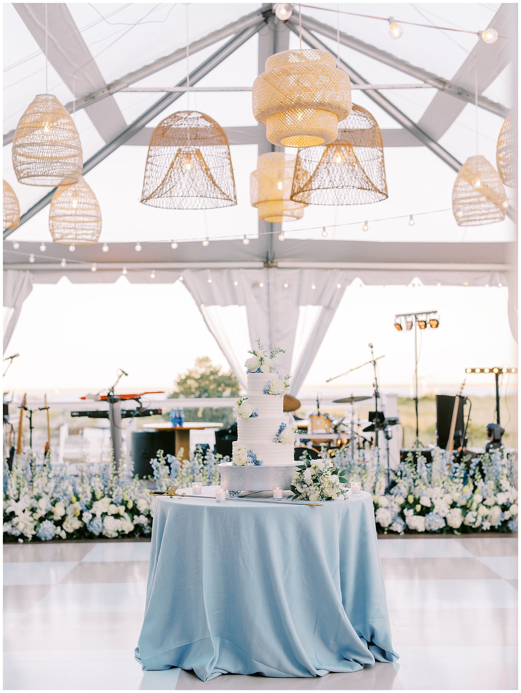 wedding cake in center of dance floor