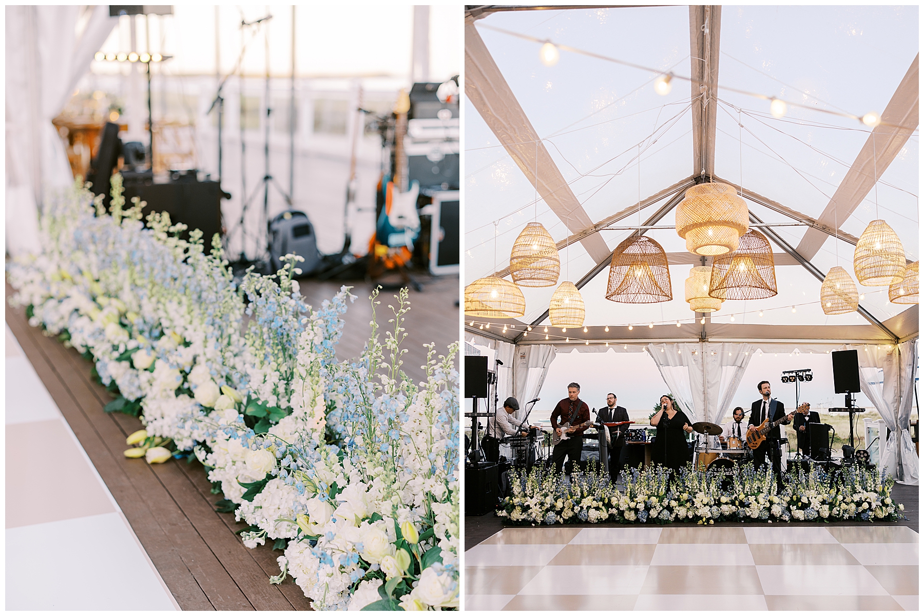 beautiful white and blue flowers line the stage by the dance floor 