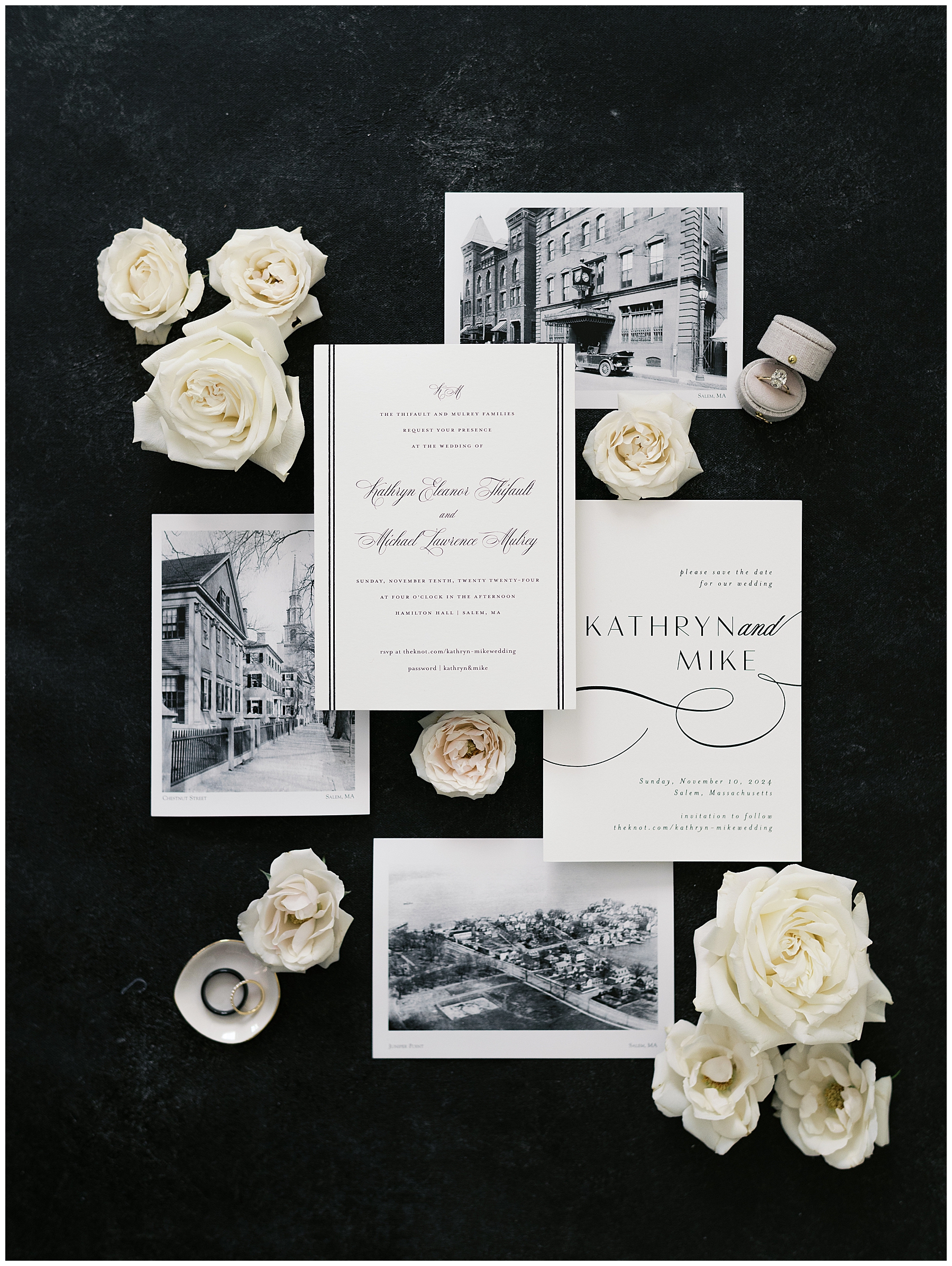 wedding invitation suite to Hamilton Hall Wedding in Salem