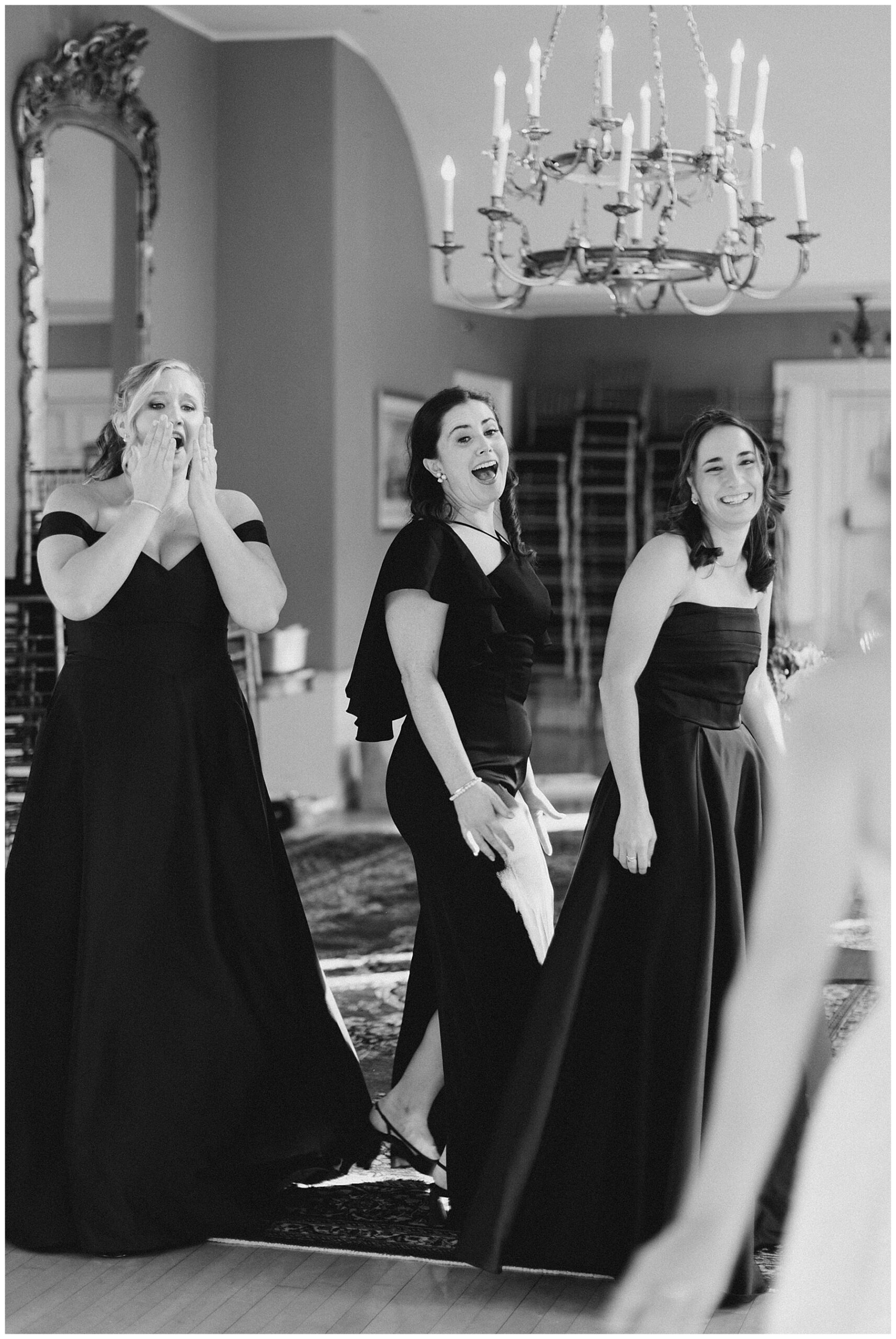 brides first look with bridesmaids from Hamilton Hall Wedding in Salem