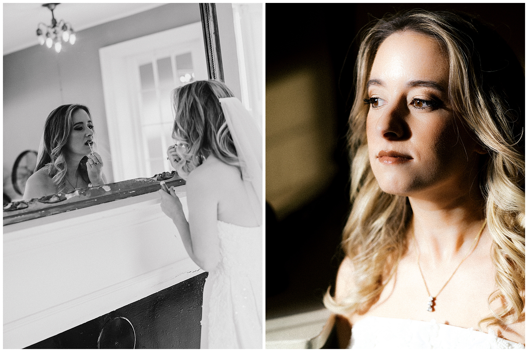 bride putting on lipstick