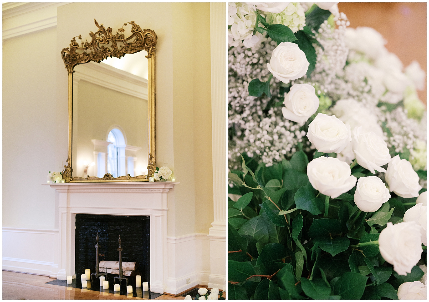 white wedding flowers and gold mirror in ceremony space
