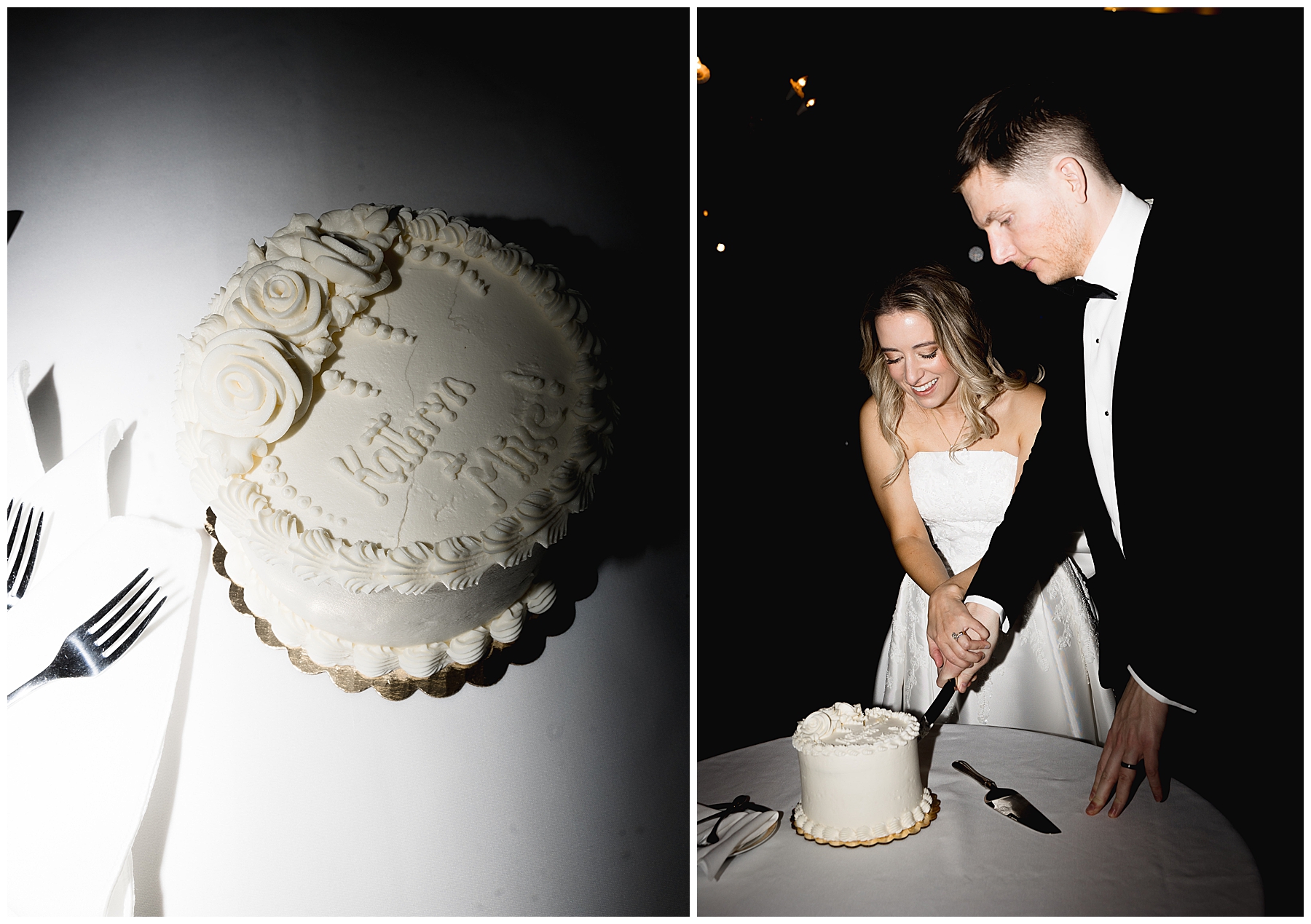 bride and groom cut wedding cake