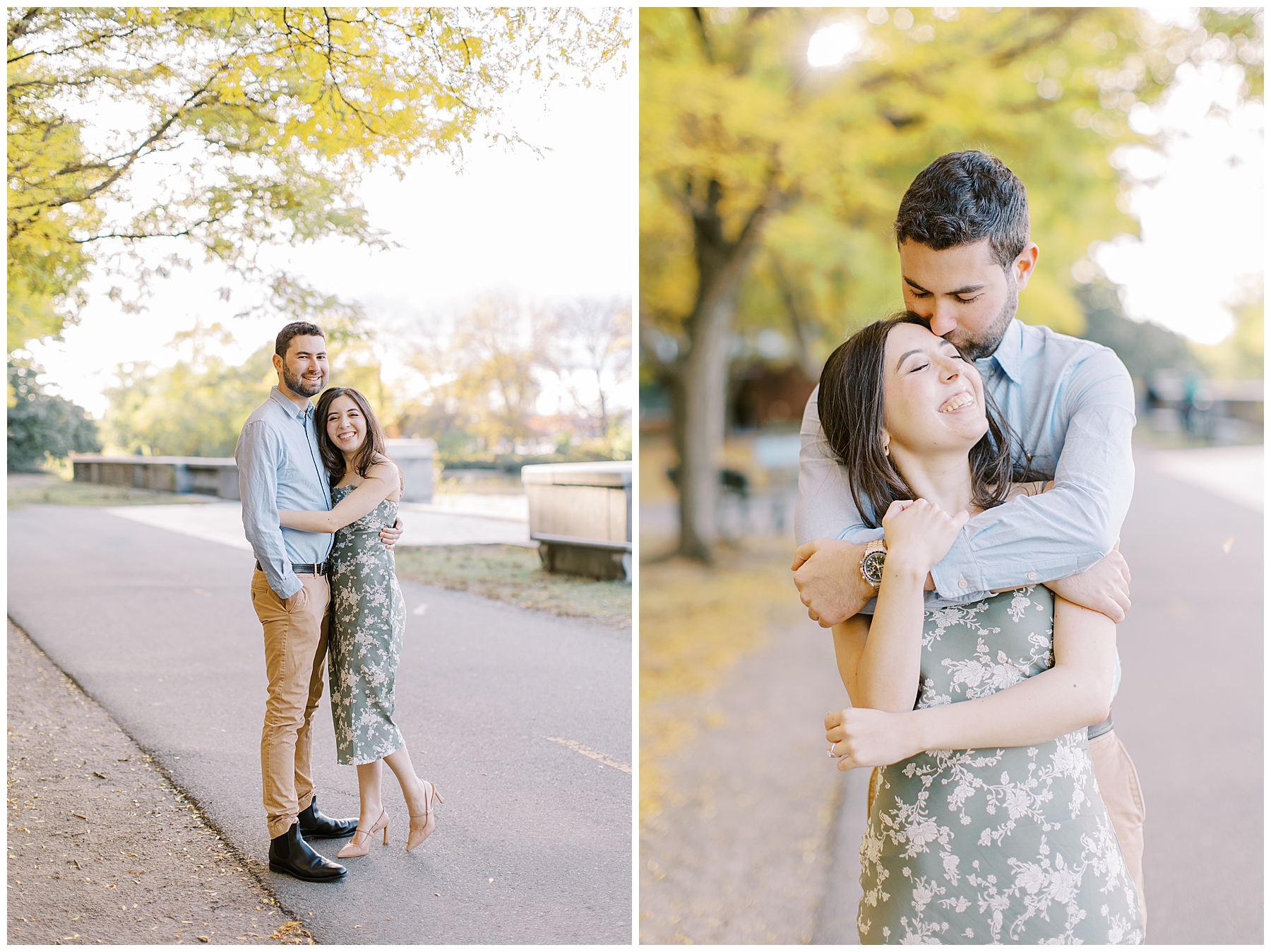 Fall engagement portraits under tree with vibrant yellow leaves 