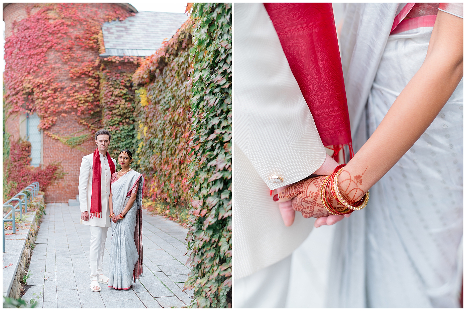 bride and groom portraits at DeCordova Museum outside in front of ivy covered building