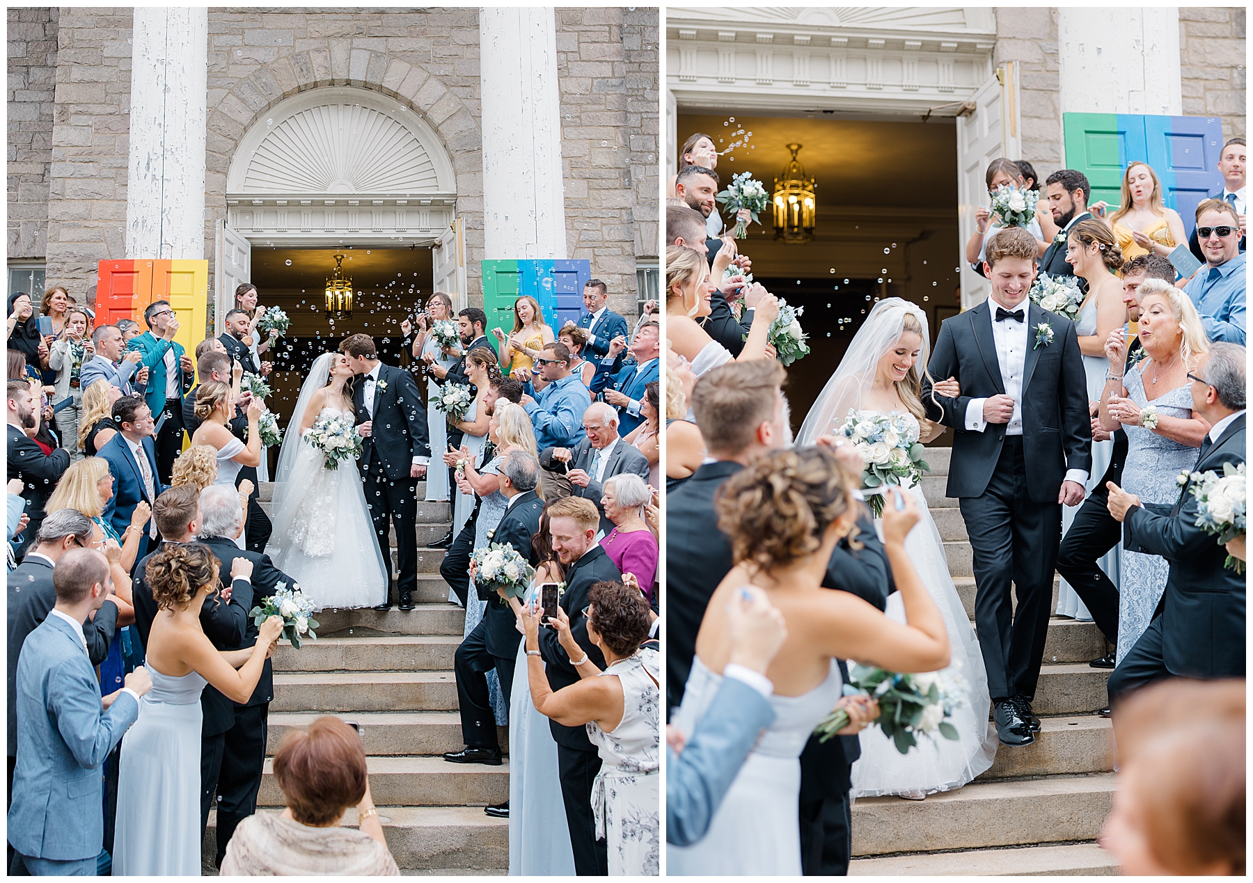 newlyweds exit church as guests blow bubbles