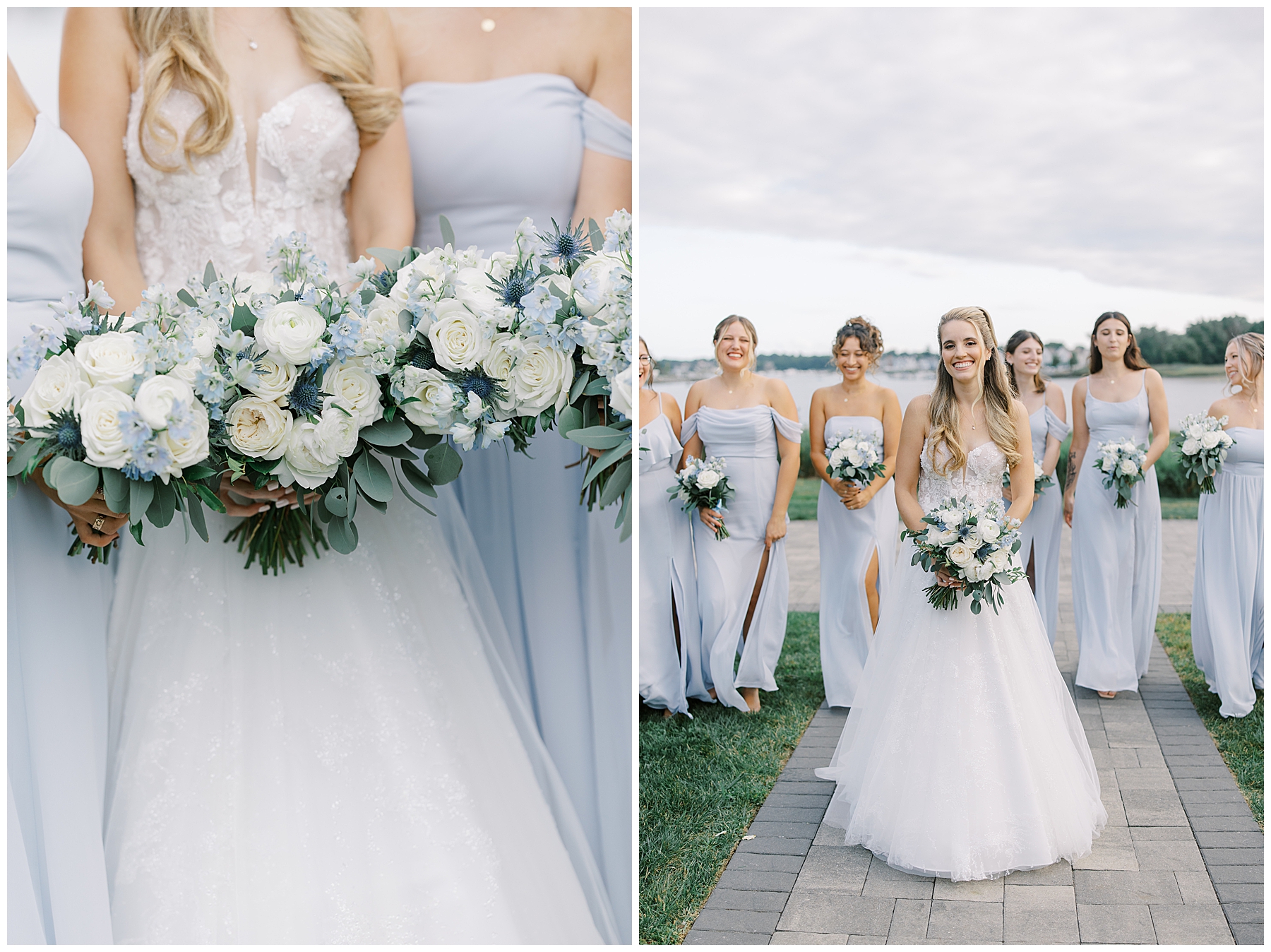 classic white and blue wedding bouquets and blue bridesmaids dresses