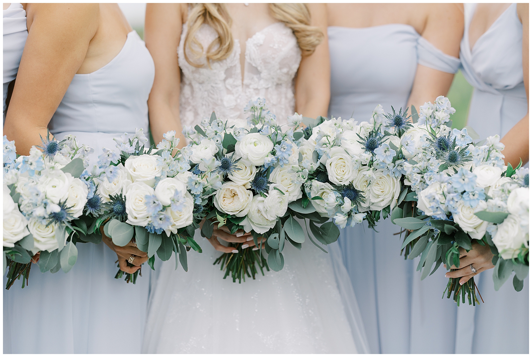 elegant wedding bouquets with white roses and blue flowers 