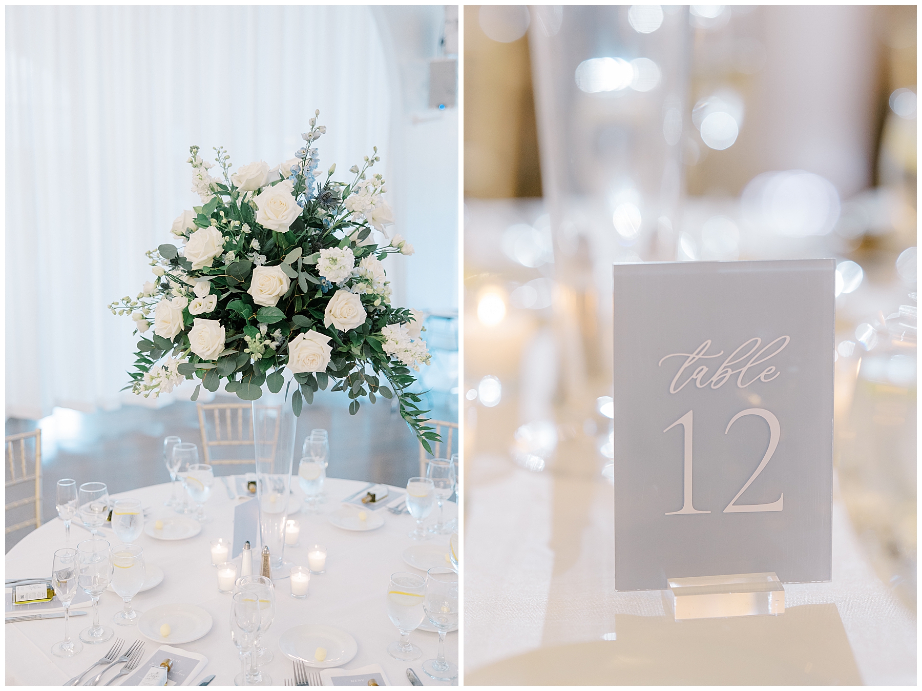 white rose bouquets and light blue table numbers 