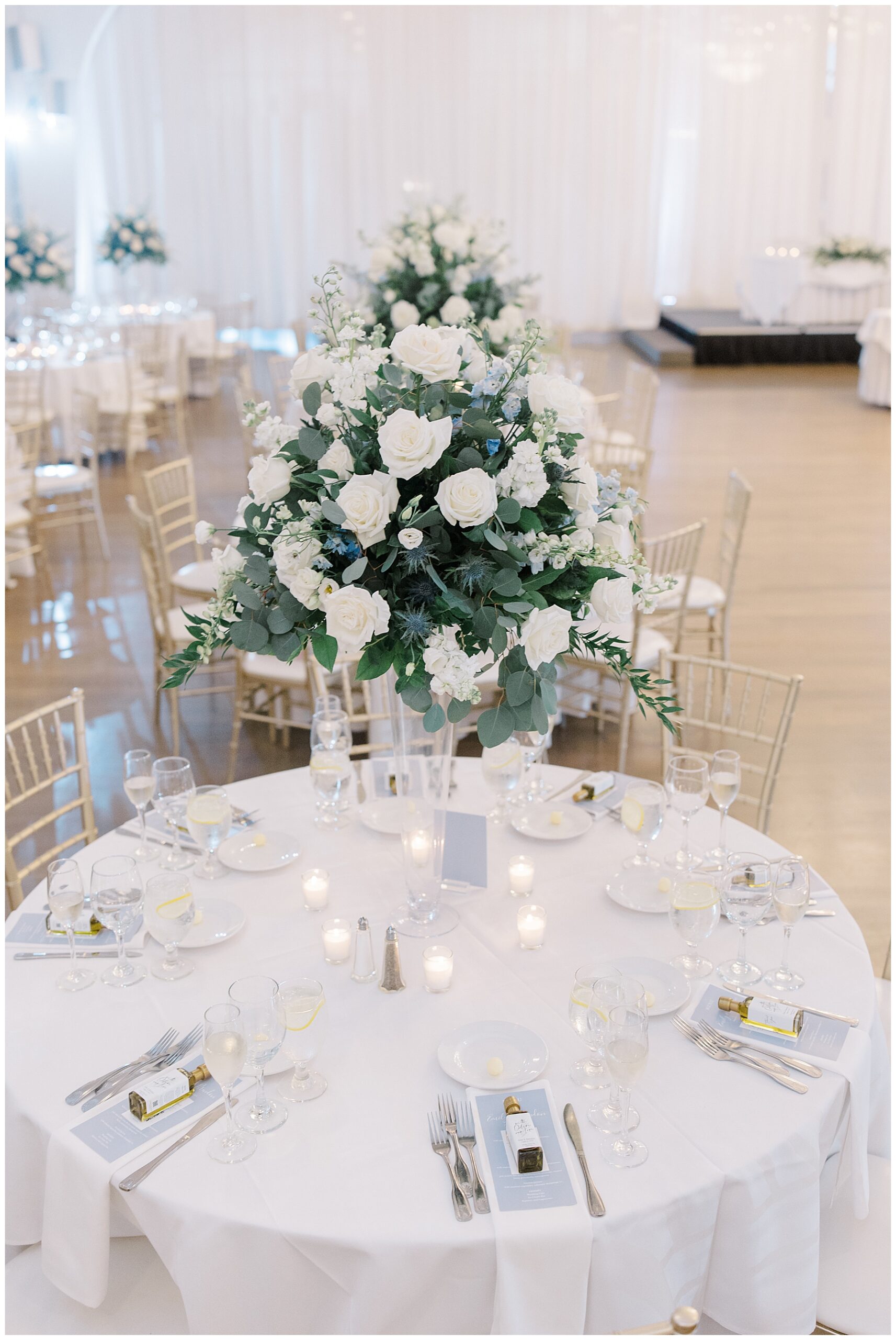 classic white rose centerpieces at Waterfront Wedding at Danversport on The North Shore