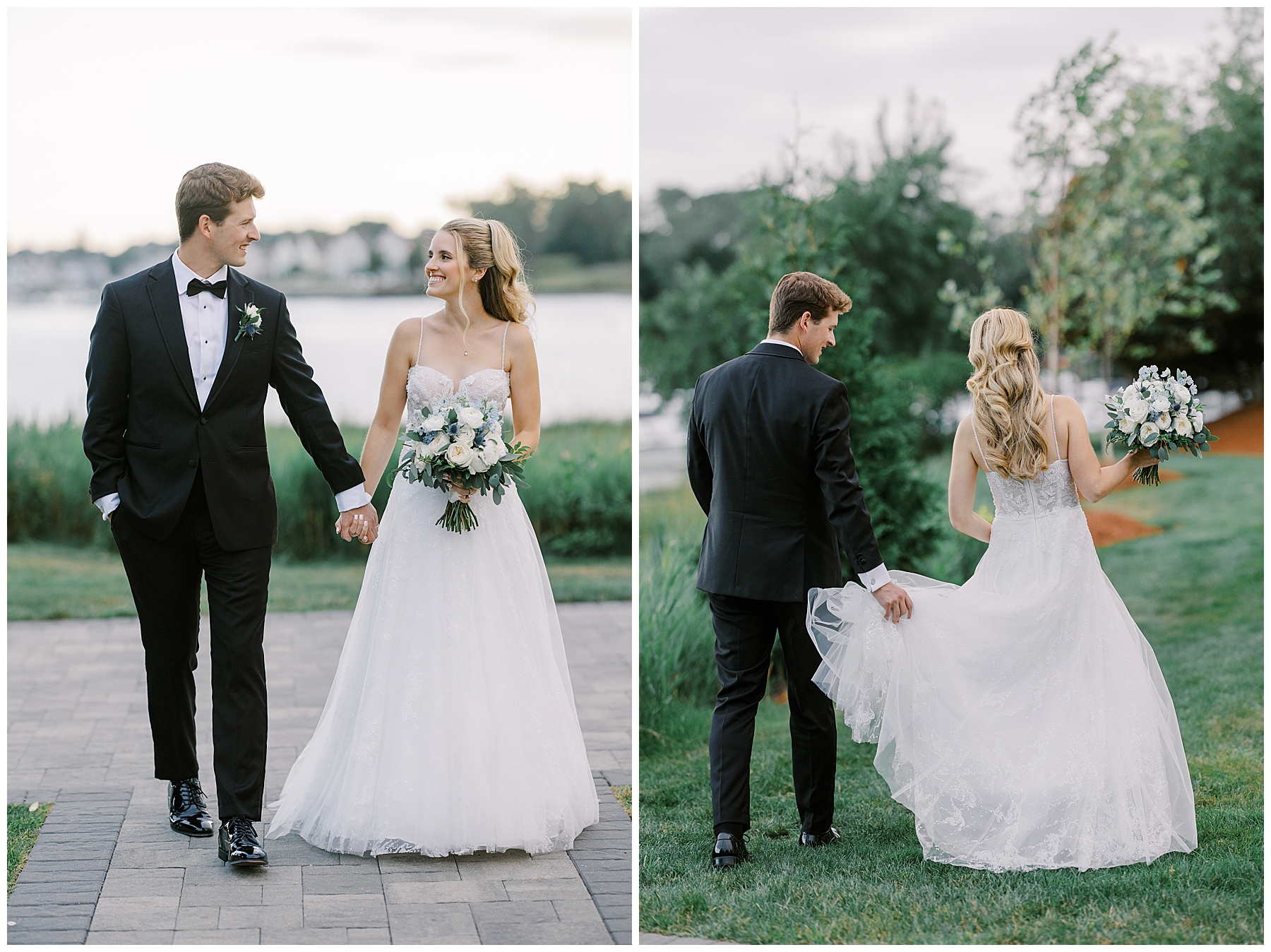 newlyweds walk together at Danversport wedding on The North Shore