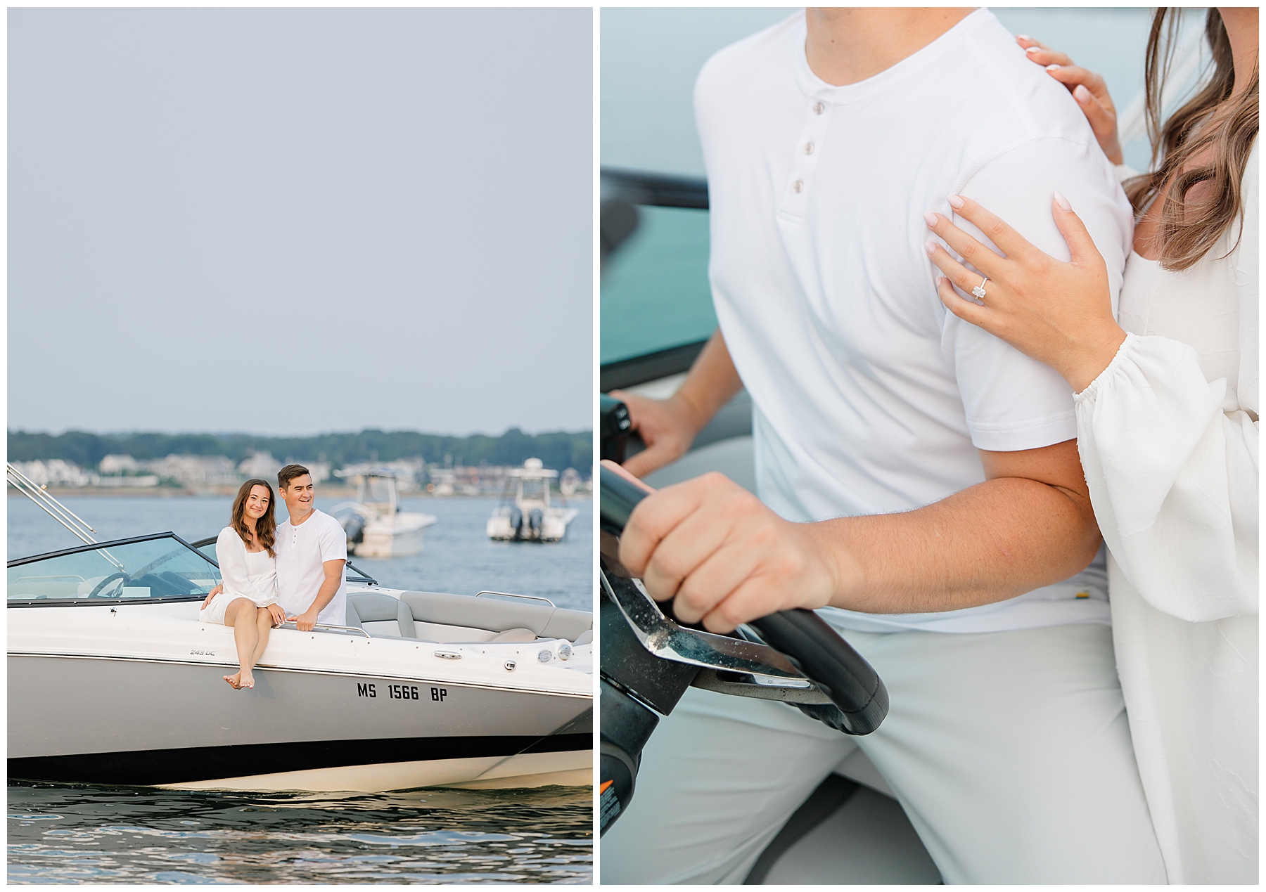 couple on a boat in Cape Cod for engagement photos 